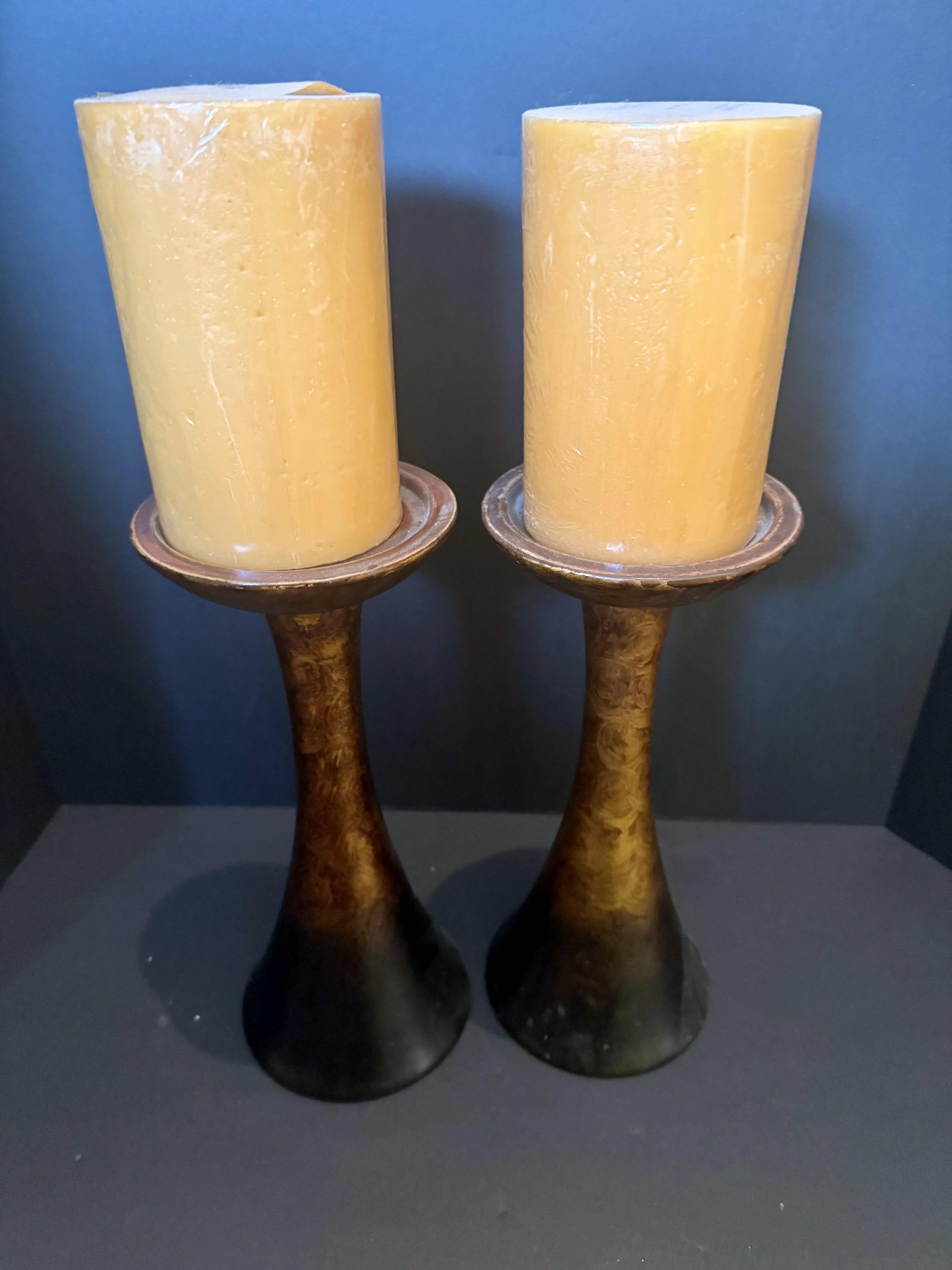 Photo 2 of 2- BRONZED CANDLESTICKS WITH CANDLES 12”