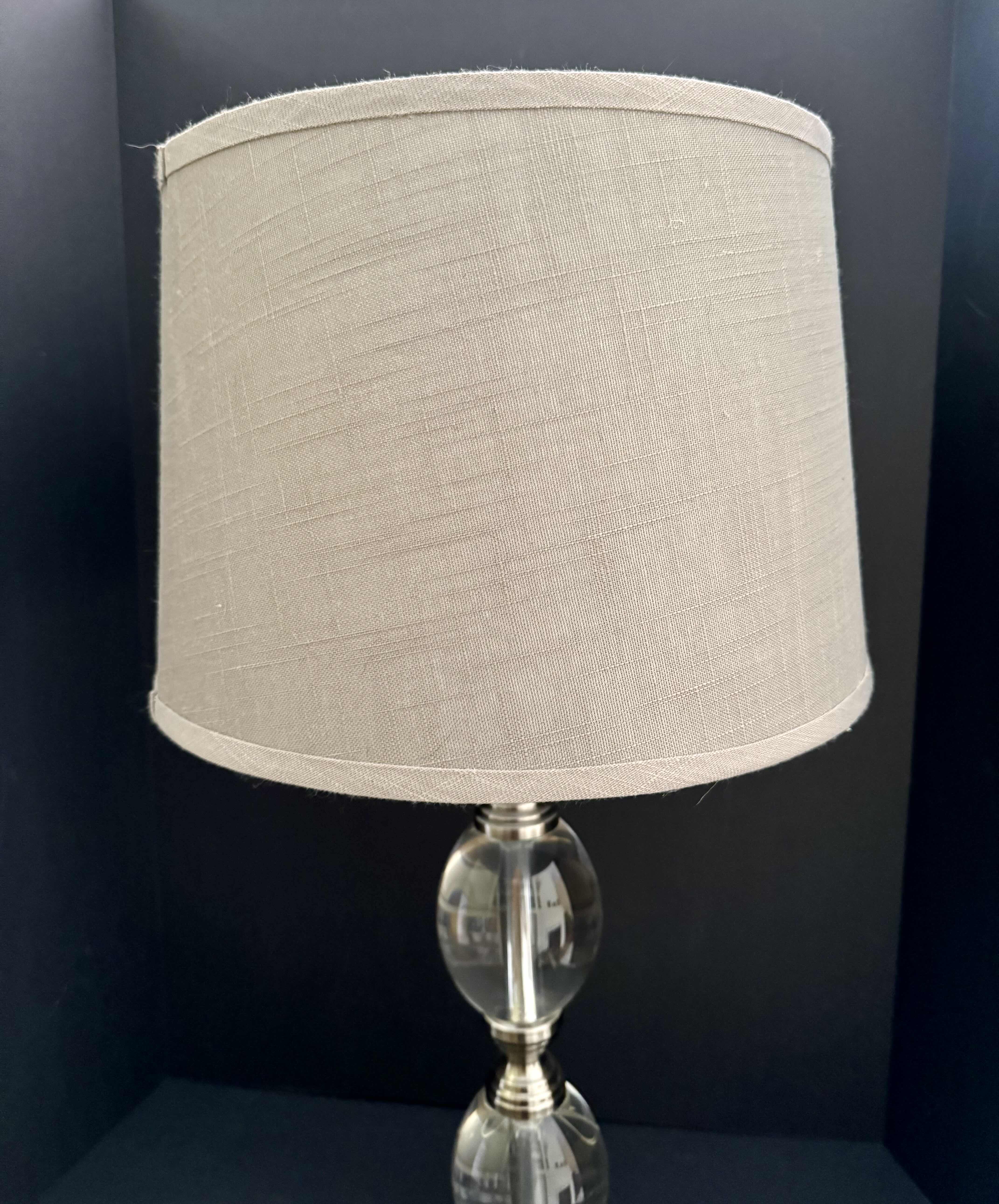 Photo 1 of GLASS AND CHROME LAMP WITH GRAY LAMPSHADE. (1 OF 2 IN SET, SOLD SEPARTELY) H28”