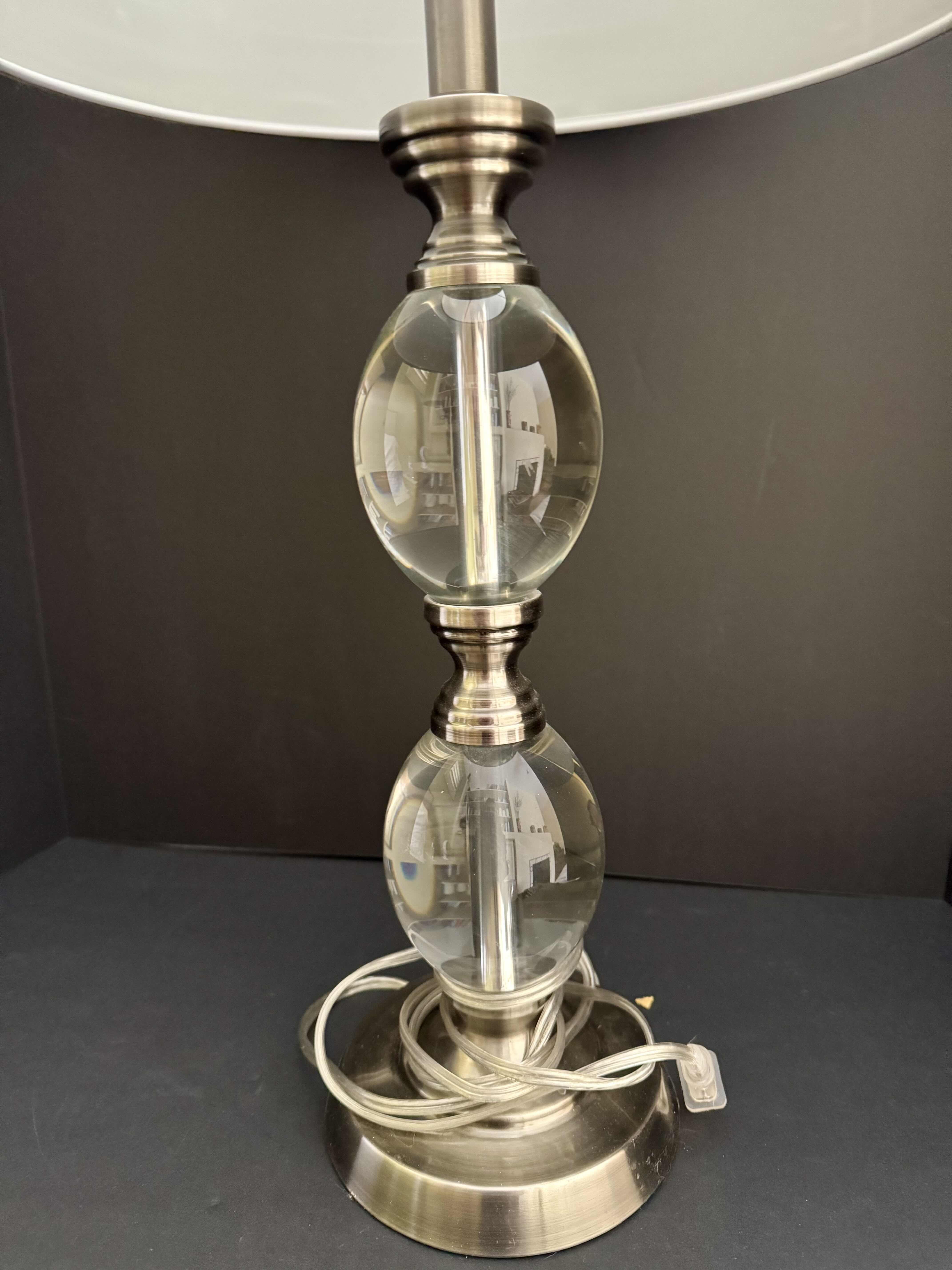 Photo 2 of GLASS & CHROME TABLE LAMP W GRAY LINEN SHADE 28"H