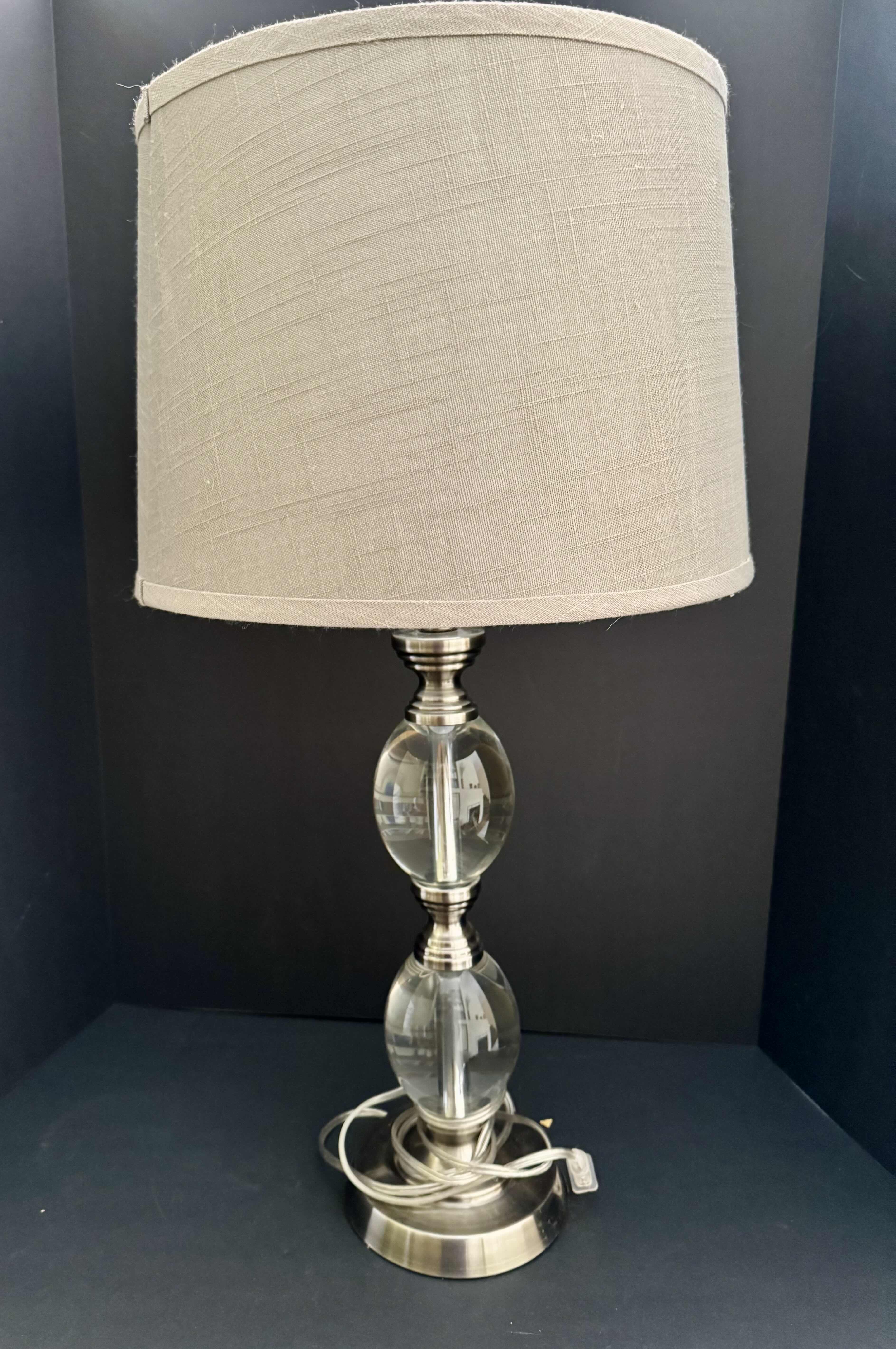Photo 1 of GLASS & CHROME TABLE LAMP W GRAY LINEN SHADE 28"H