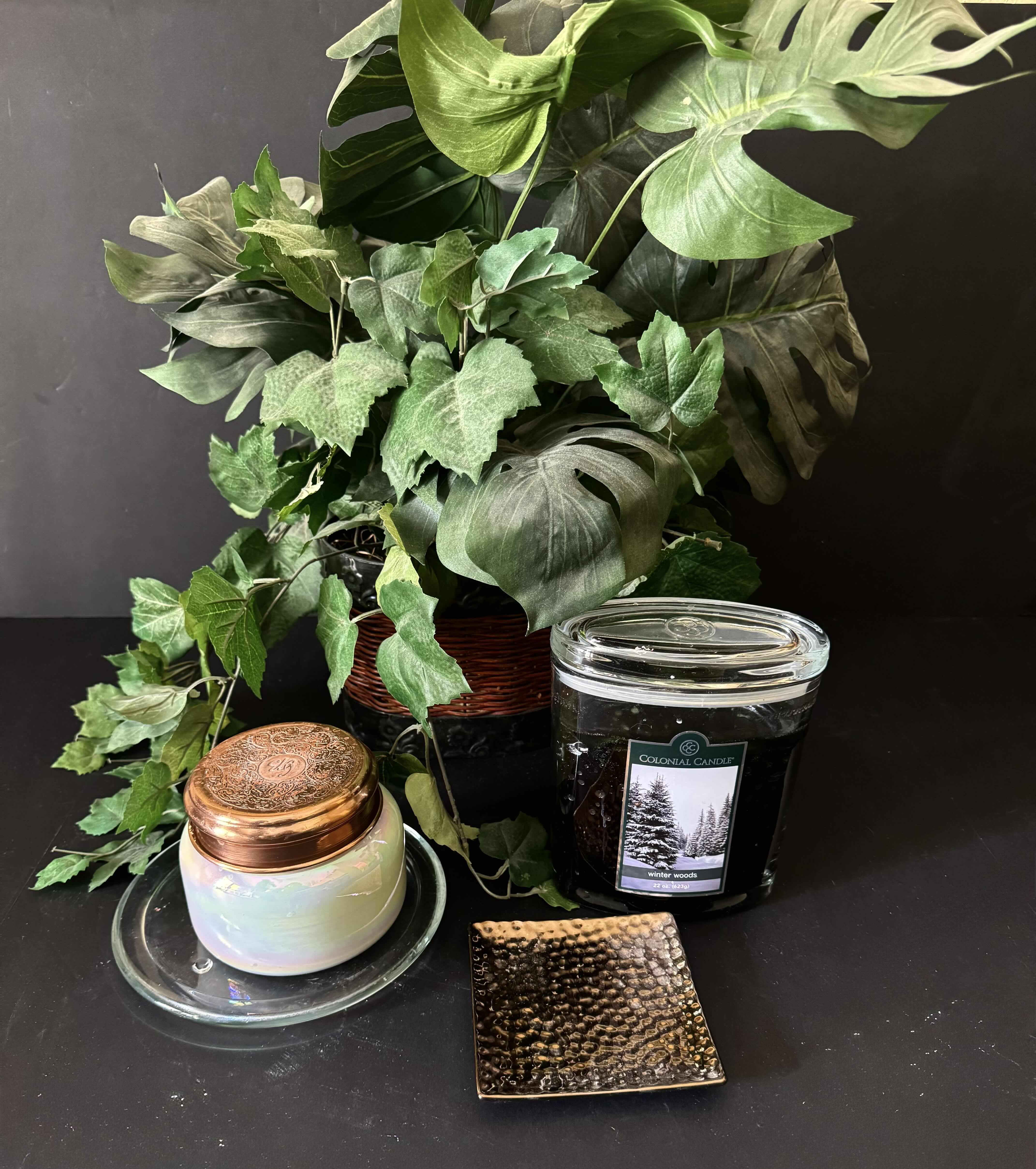 Photo 1 of HOME ESSENTIALS, HOME DECOR, FAUX PLANT, 2 CANDLES, 2 CANDLE PLATES. FAUX PLANT 20”H