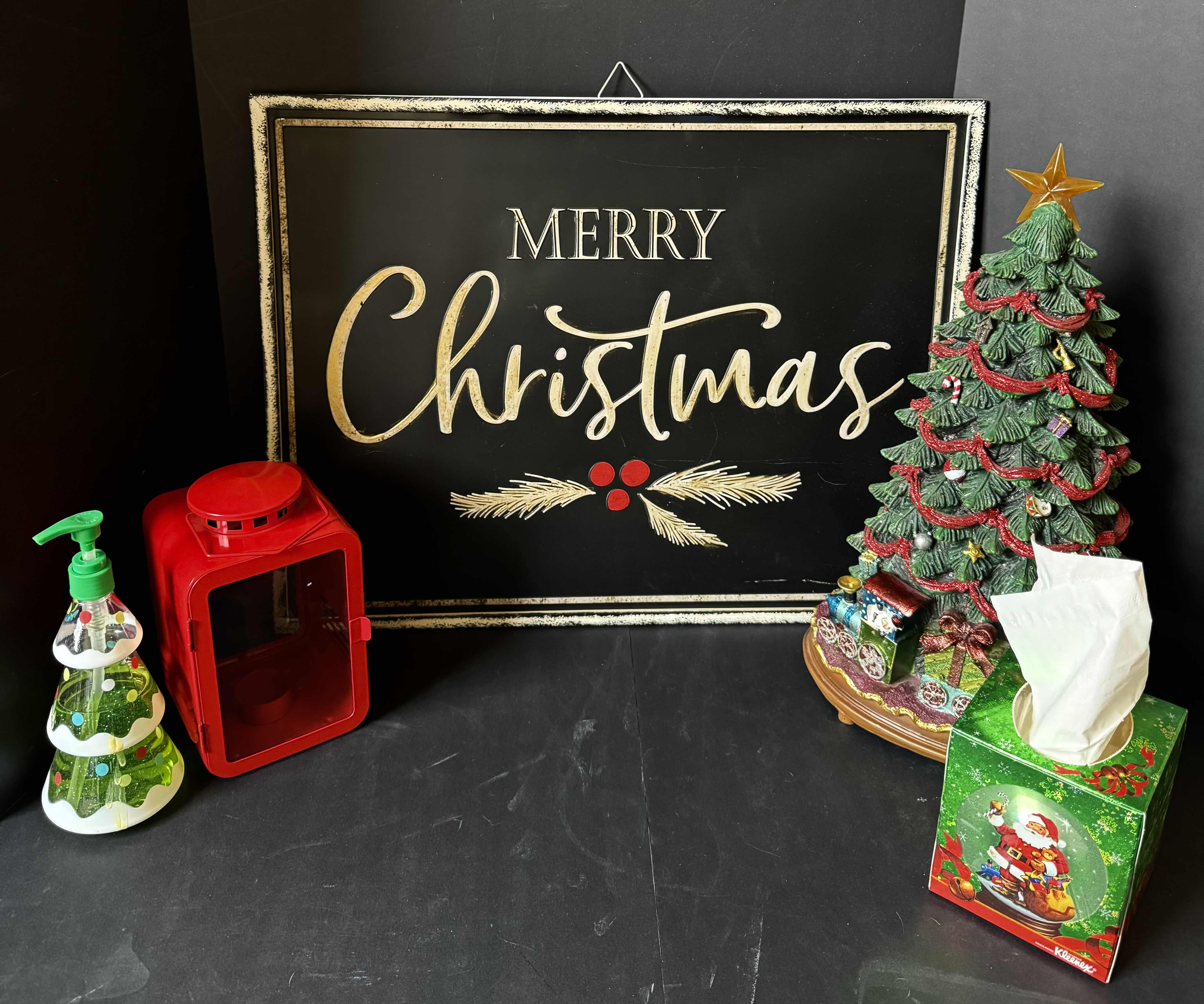 Photo 1 of ASSORTED HOLIDAY DECOR, MUSIC BOX CHRISTMAS TREE, MERRY CHRISTMAS SIGN, LANTERN, TISSUE AND TISSUE BOX
