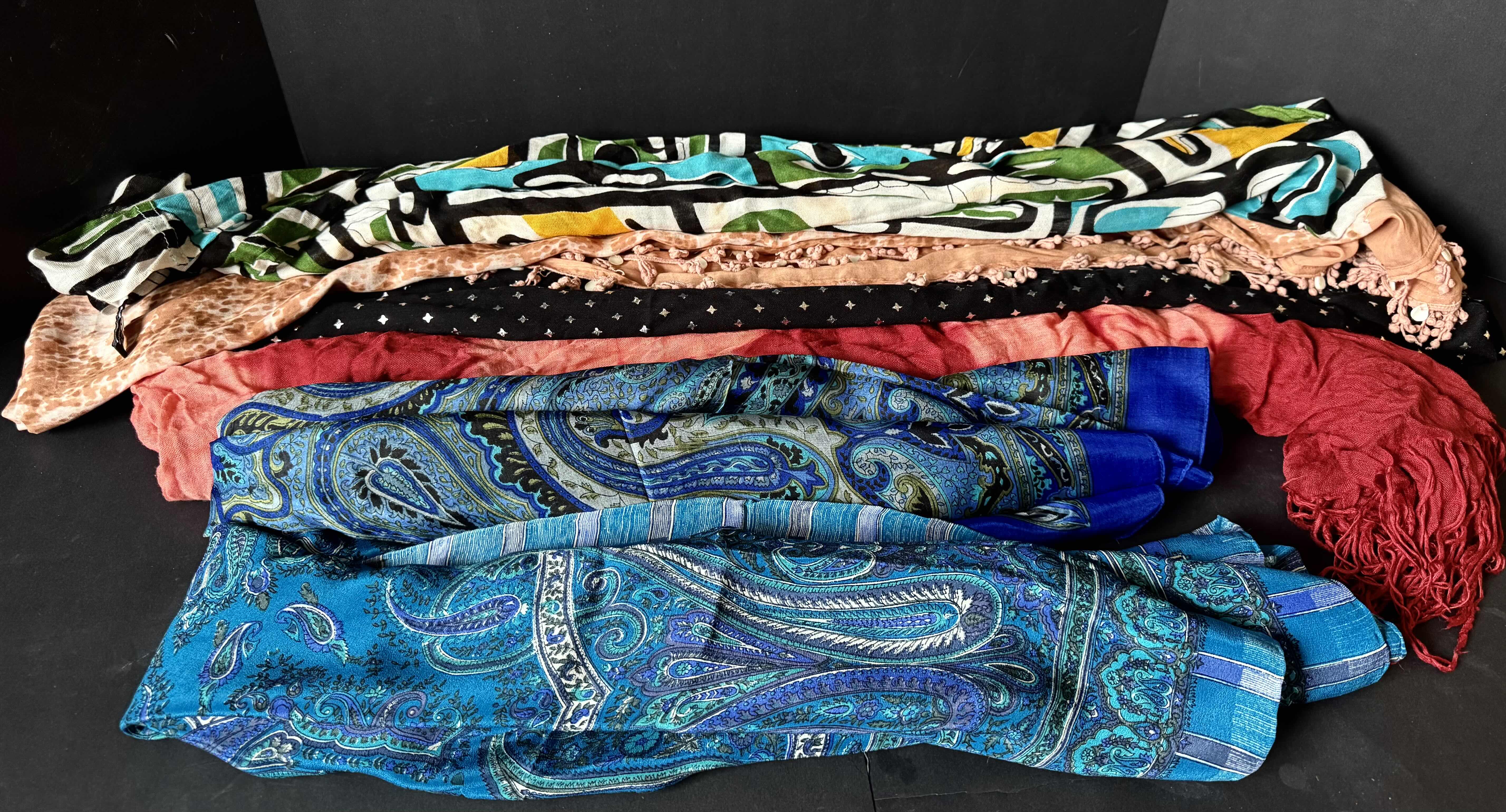 Photo 1 of COLLECTION OF SCARFS AND LARGE WOMAN GLOVES, 9 ITEMS