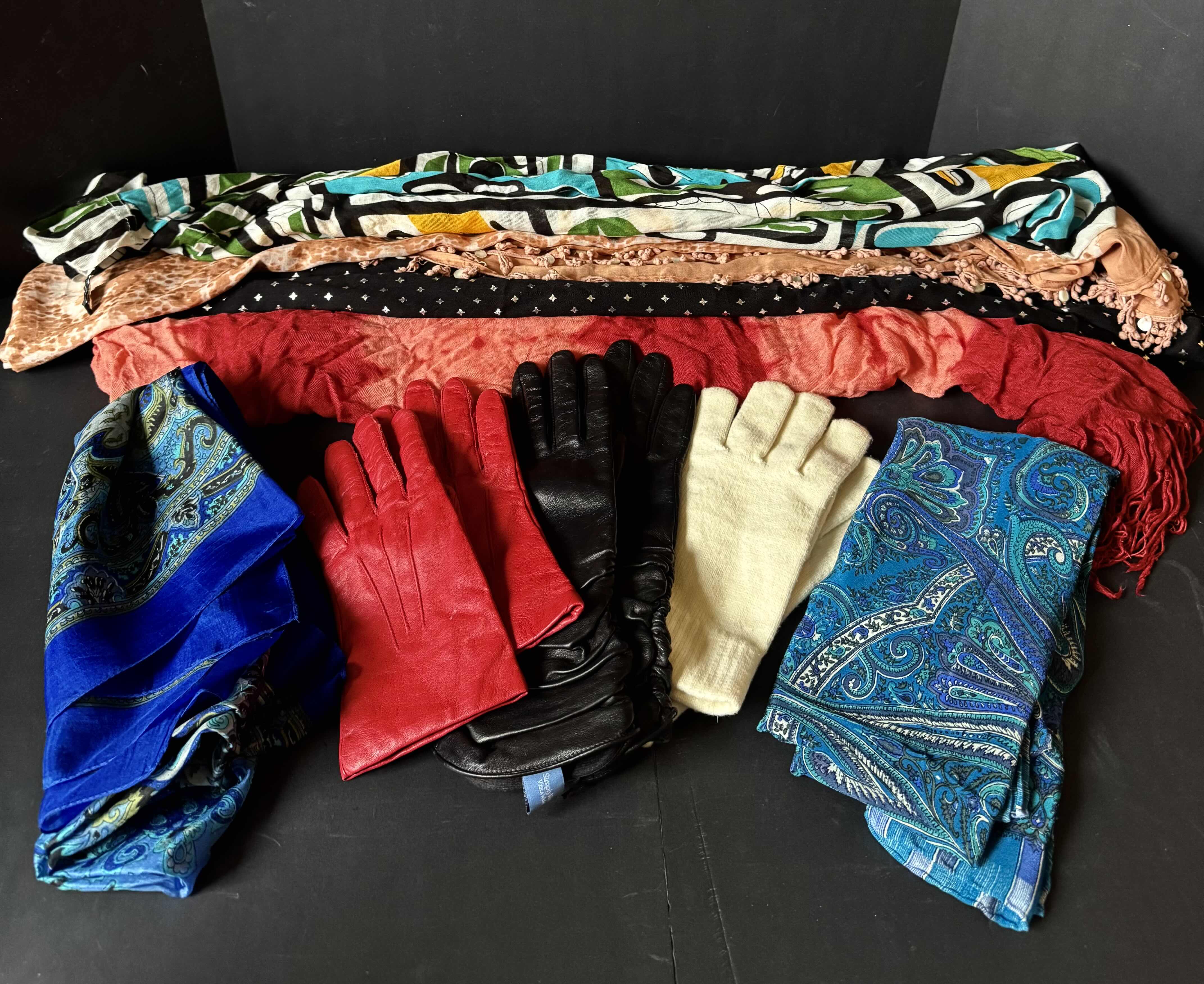 Photo 1 of COLLECTION OF SCARFS AND LARGE WOMAN GLOVES, 9 ITEMS
