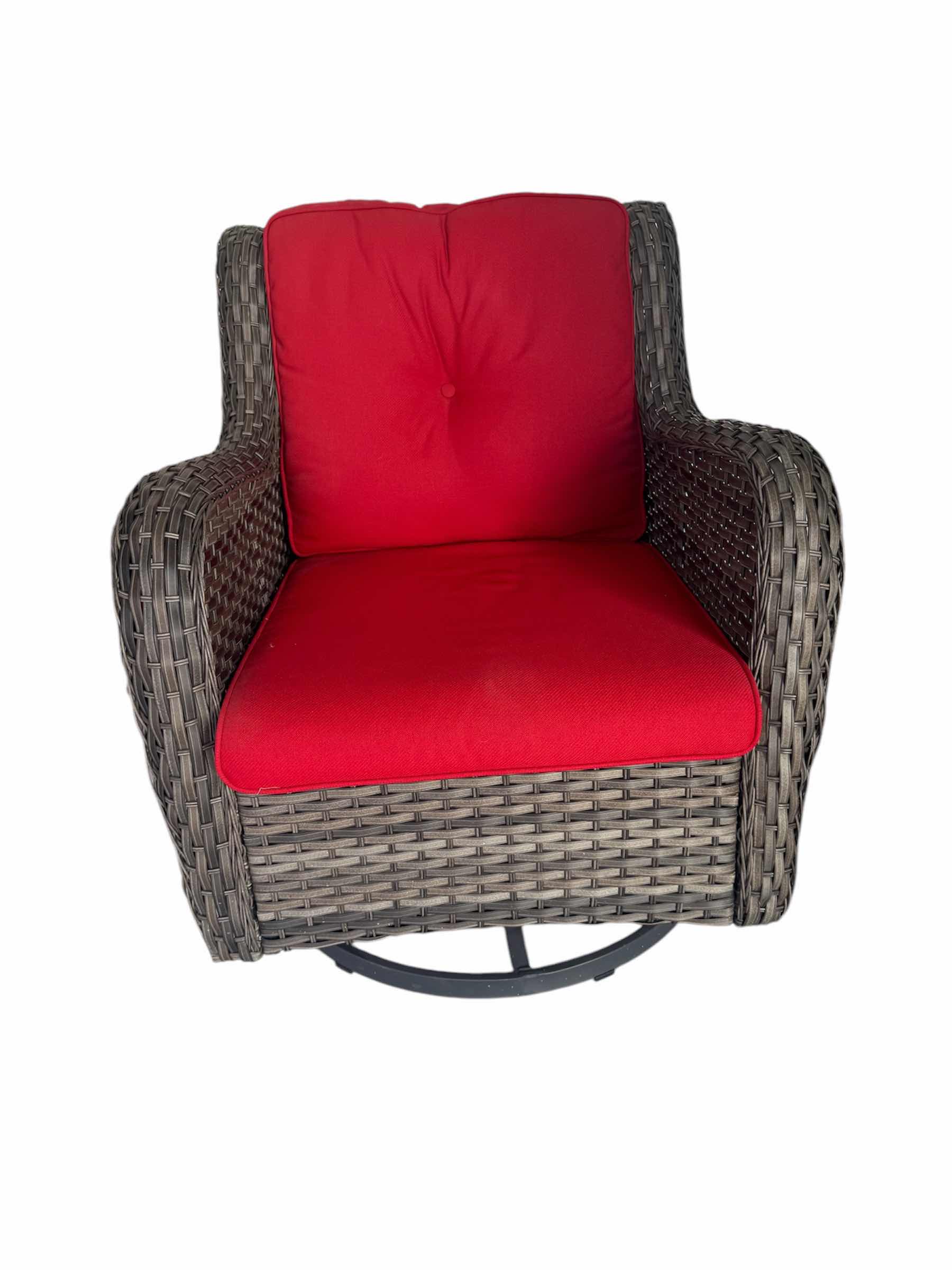 Photo 1 of OUTDOOR WICKER GLIDING PATIO ROCKER WITH RED CUSHIONS

30” X 25” X H35”