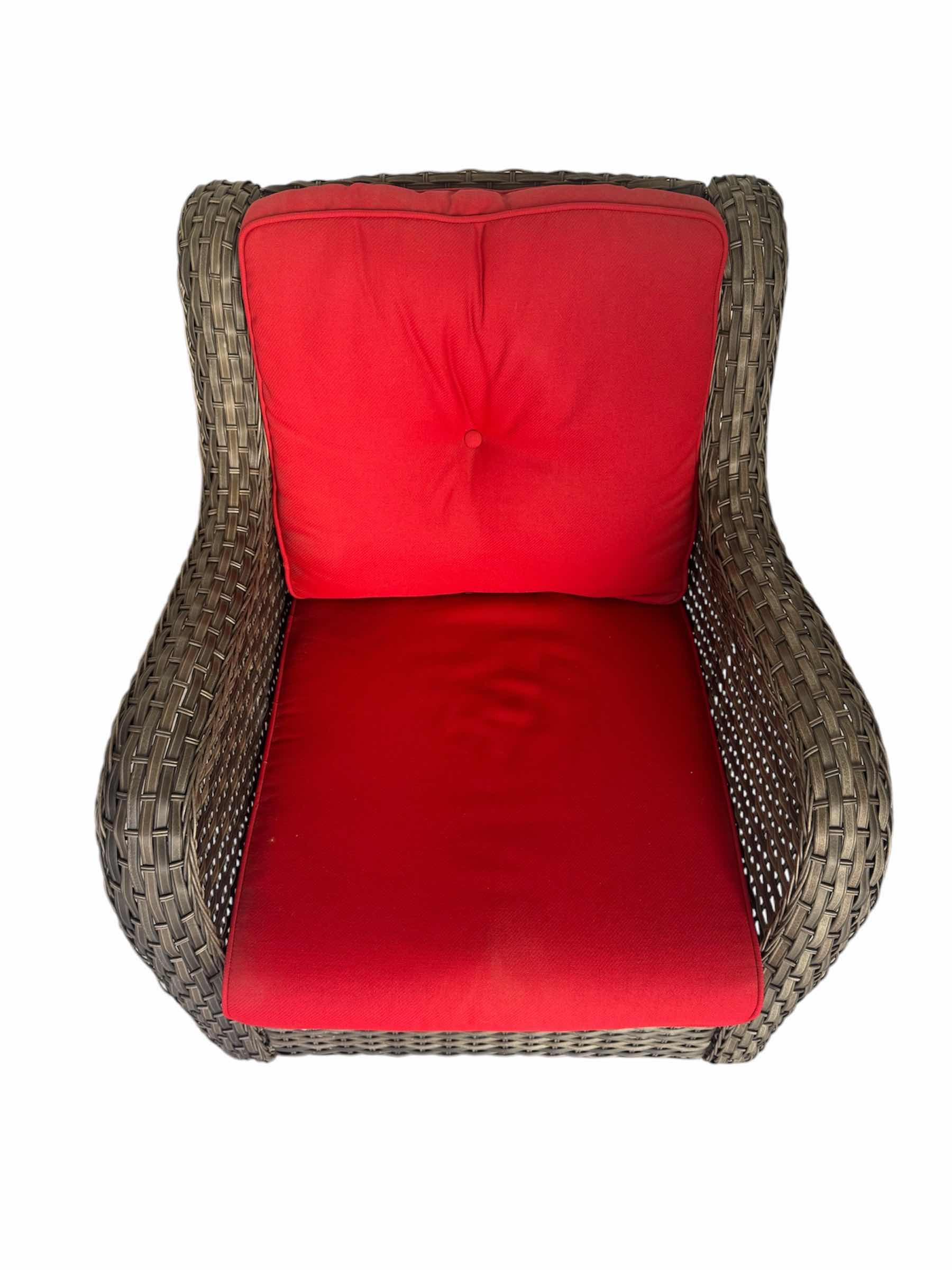 Photo 1 of OUTDOOR WICKER GLIDING PATIO ROCKER WITH RED CUSHIONS

30” X 25” X H35”