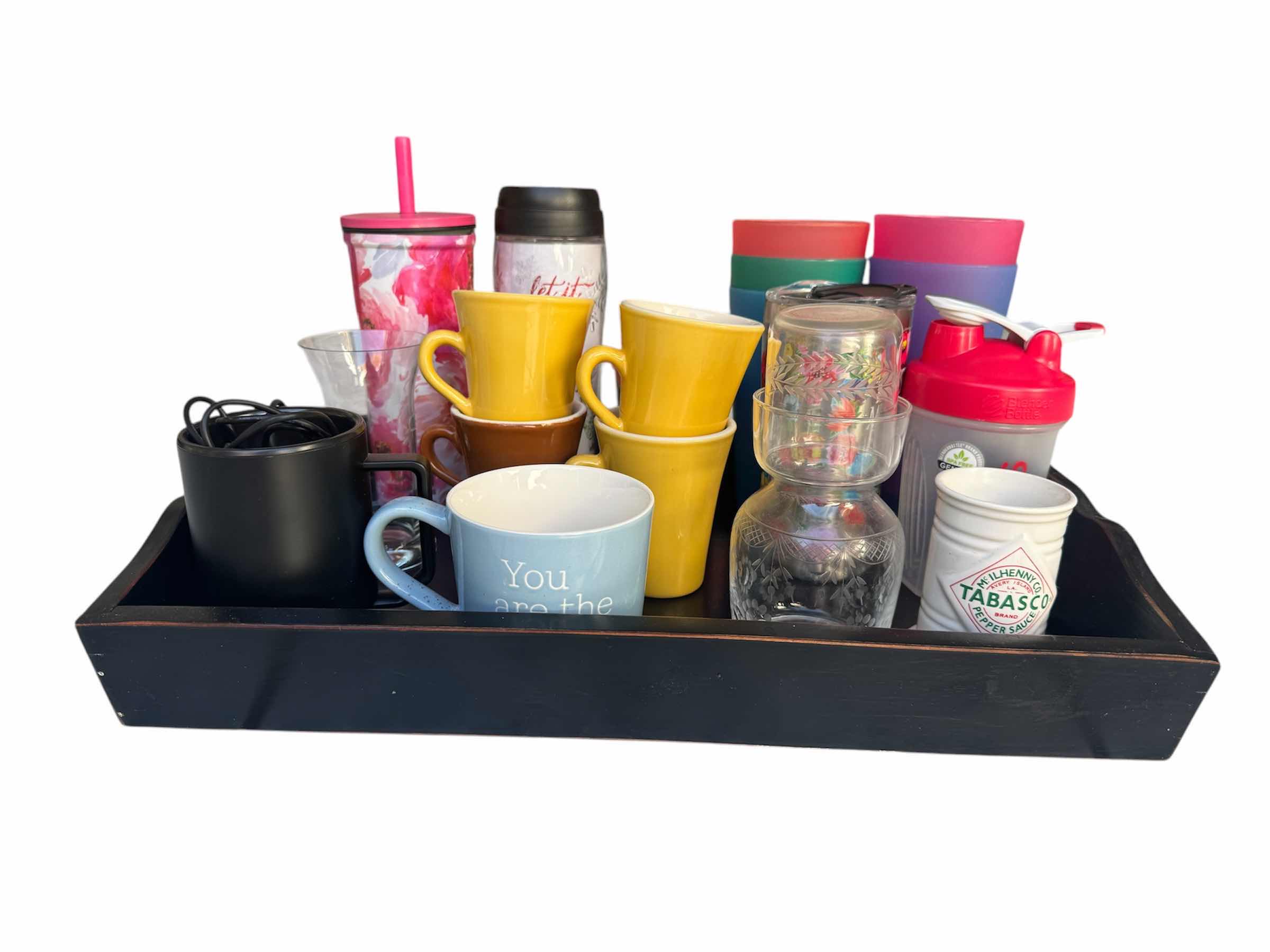 Photo 1 of ASSORTED CUPS/GLASSWARE WITH WOODEN TRAY