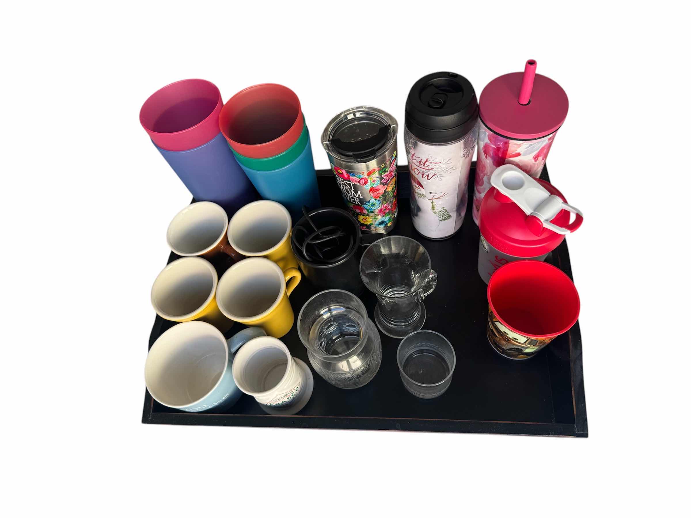 Photo 2 of ASSORTED CUPS/GLASSWARE WITH WOODEN TRAY