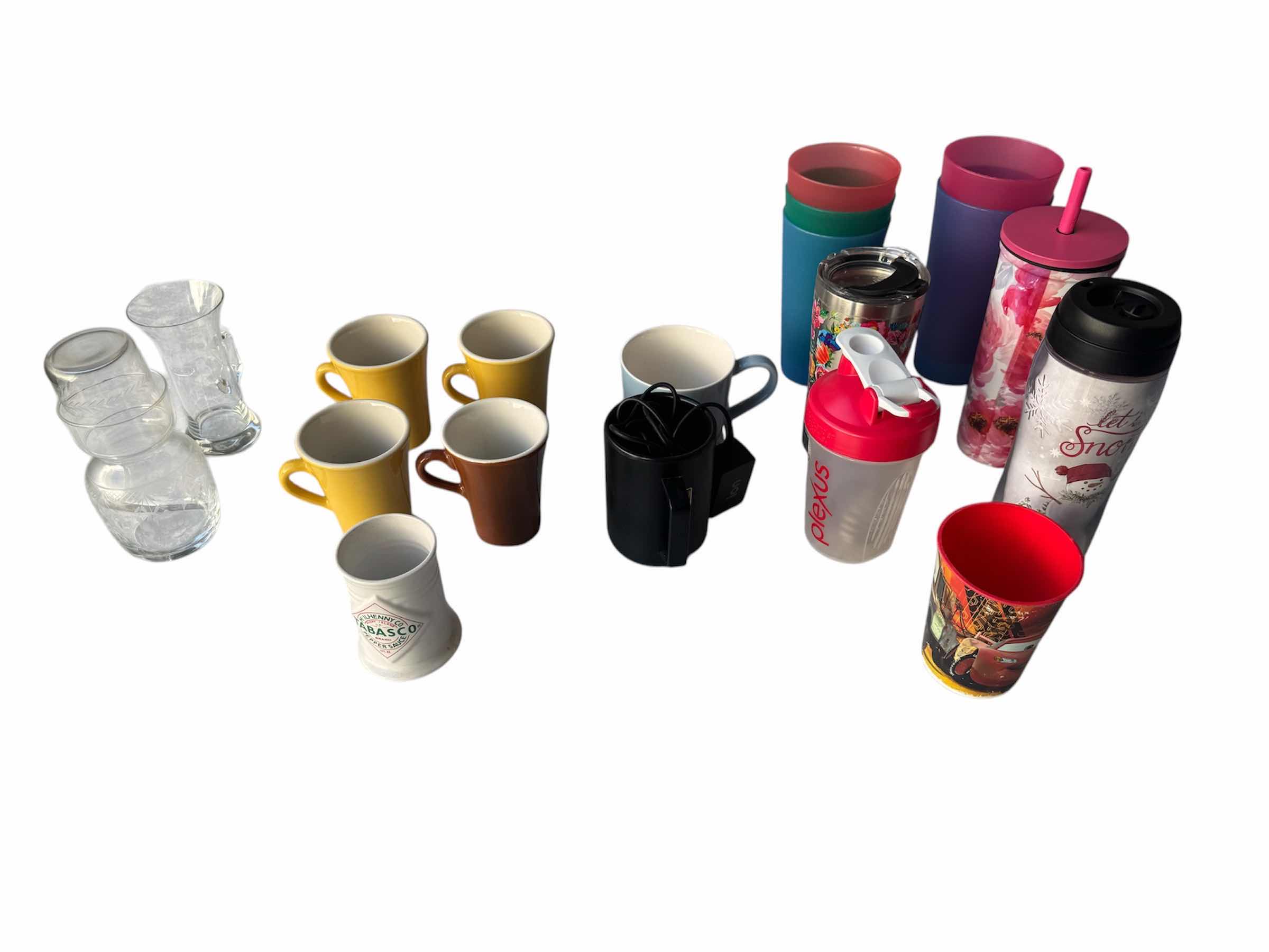 Photo 3 of ASSORTED CUPS/GLASSWARE WITH WOODEN TRAY