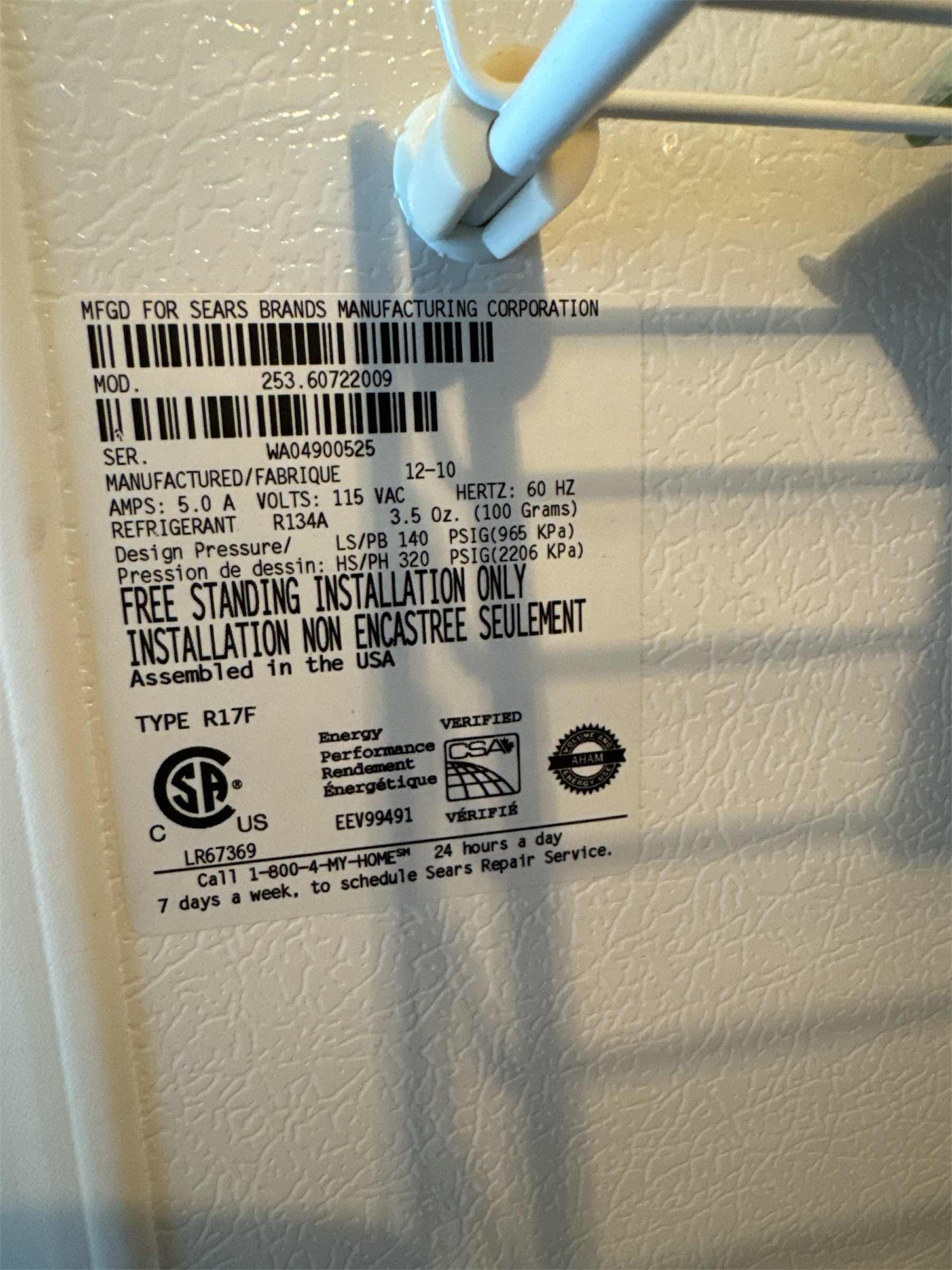 Photo 3 of KENMORE WHITE STAND ALONE REFRIGERATOR 32”X 27” H66” (CONTENTS NOT INCLUDED)