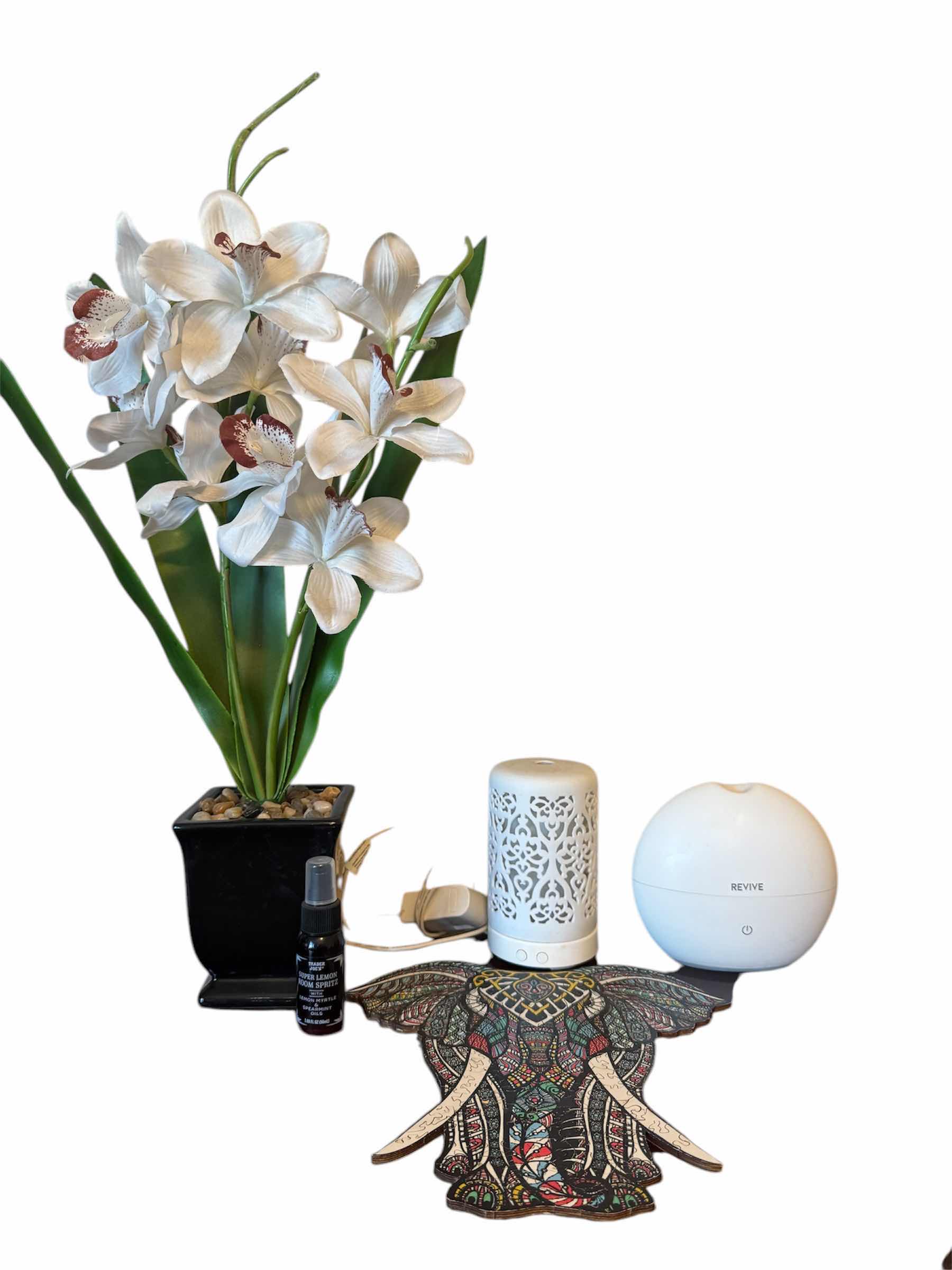 Photo 1 of HOME DECOR ASSORTED ITEMS, 2 WHITE DIFFUSER, DECORATIVE ORCHID, WOODEN ELEPHANT PUZZLE