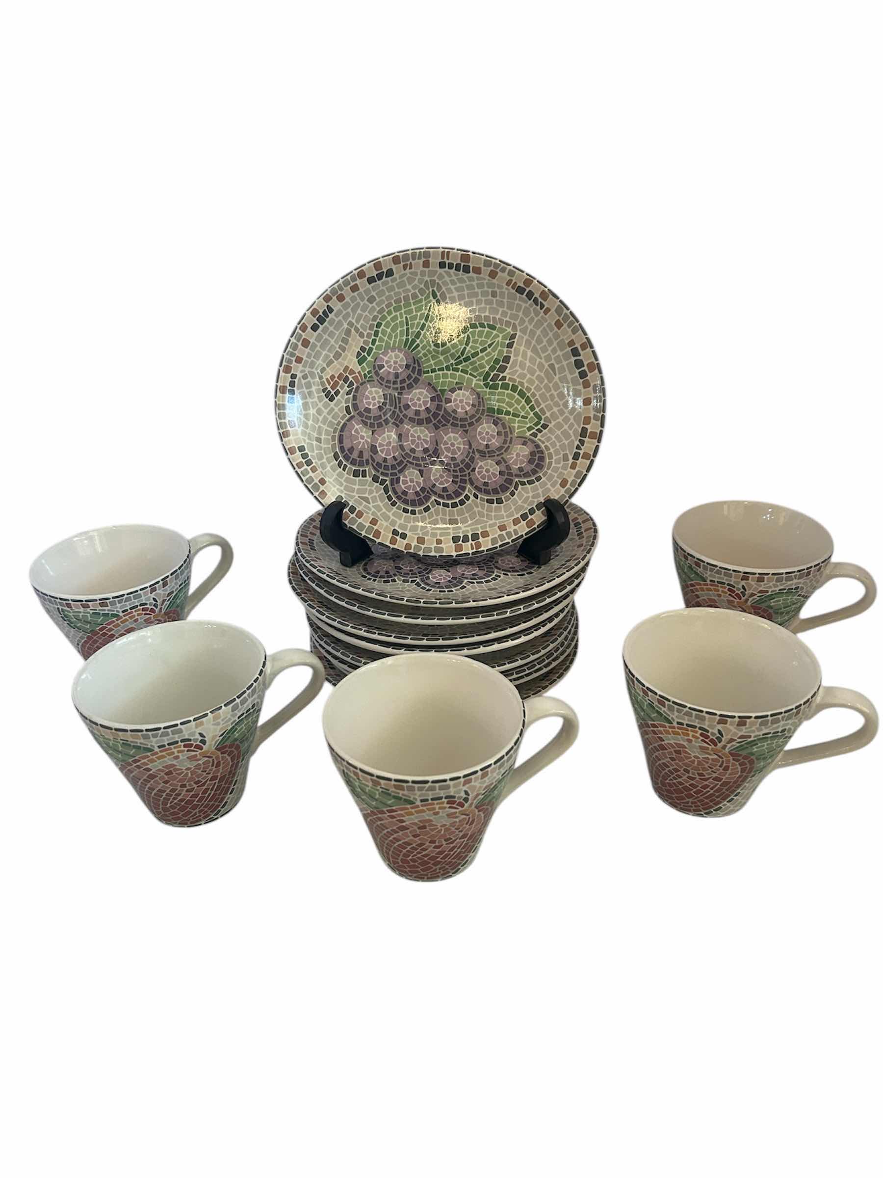 Photo 1 of 8-SANGO "ZOEY" MOSAIC DESIGN CUPS/SAUCERS. DISHES-DINNERWARE.