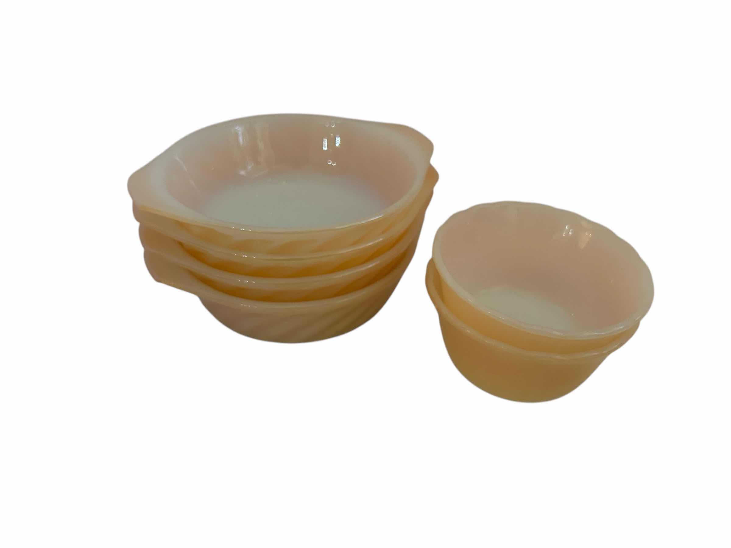 Photo 1 of 4-VINTAGE ANCHOR HOCKING FIRE KING PEACH LUSTRE SWIRL  BOWLS 2- CUSTARD BOWLS