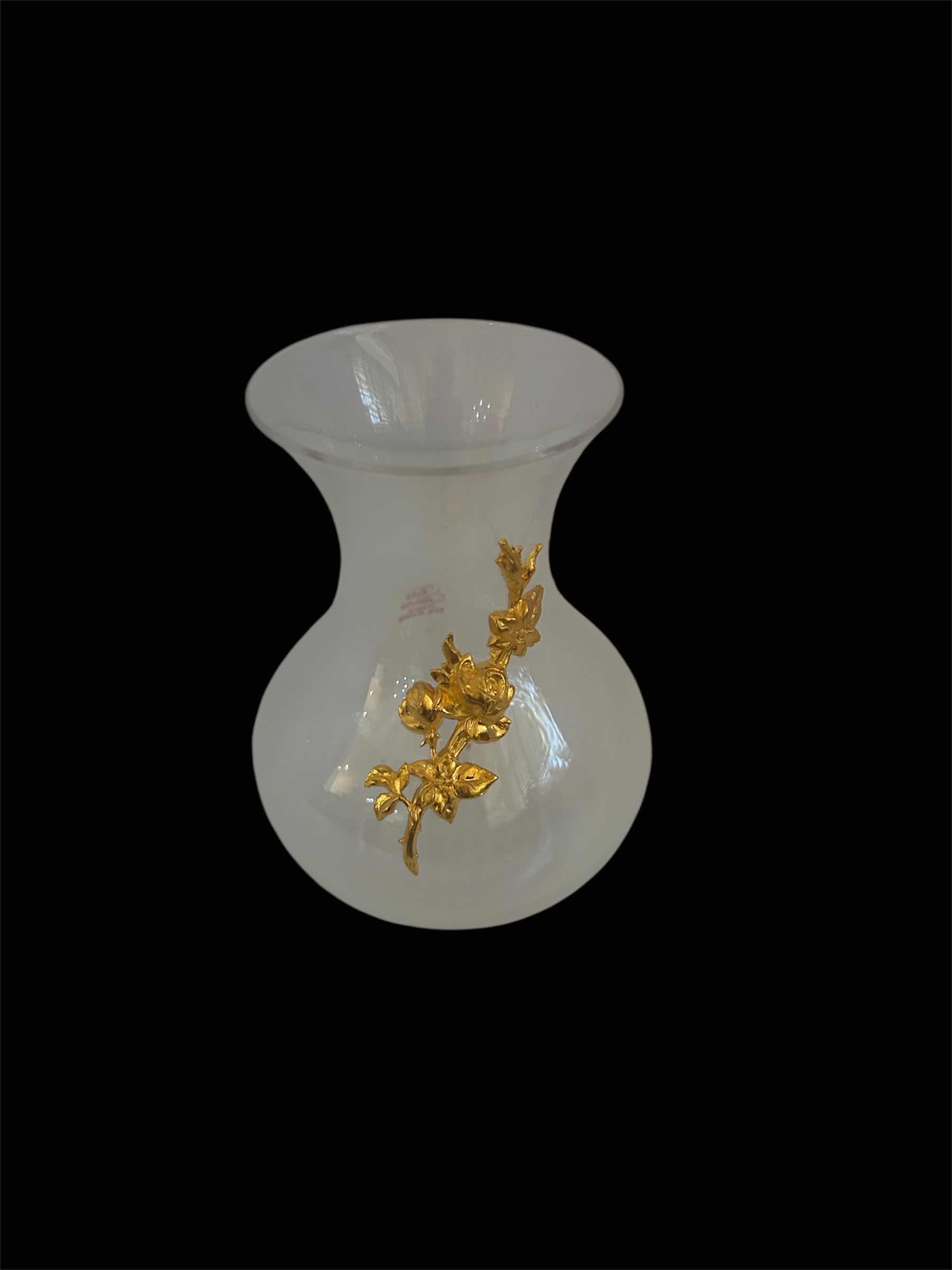 Photo 1 of SAINT HILAIRE SMALL CLEAR GLASS VASE W GOLD LEAVES  5”