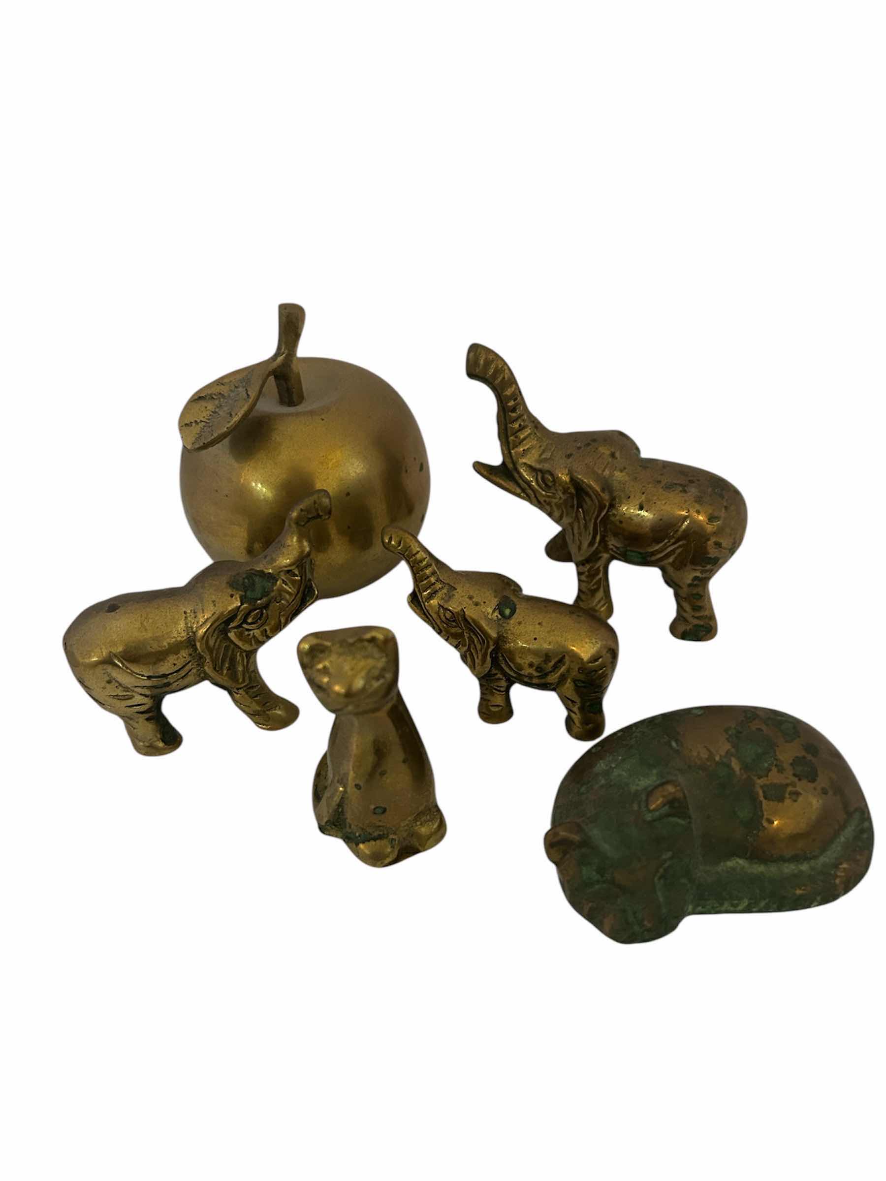 Photo 1 of 6- BRASS FIGURES ELEPHANT CAT APPLE