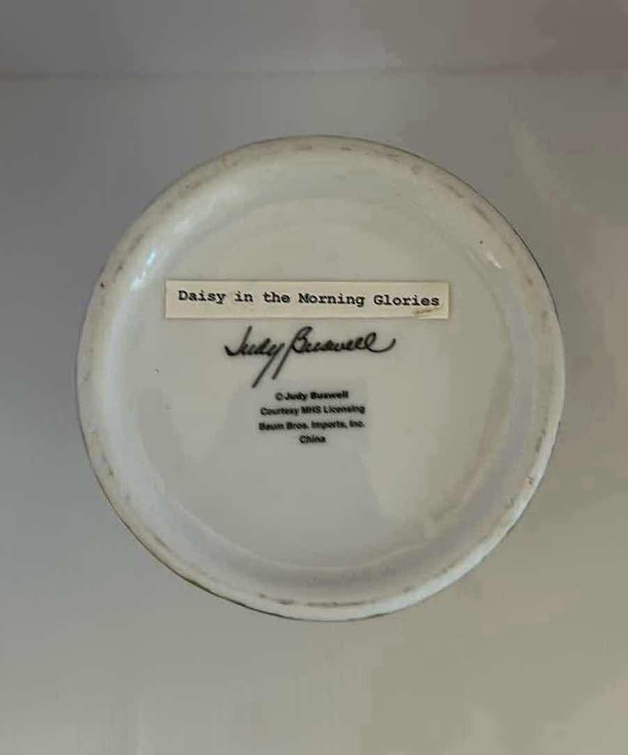 Photo 3 of JUDY BUSWELL “DAISY IN THE MORNING GLORIES “ BASKET VASE W YELLOW KITTEN H 10”