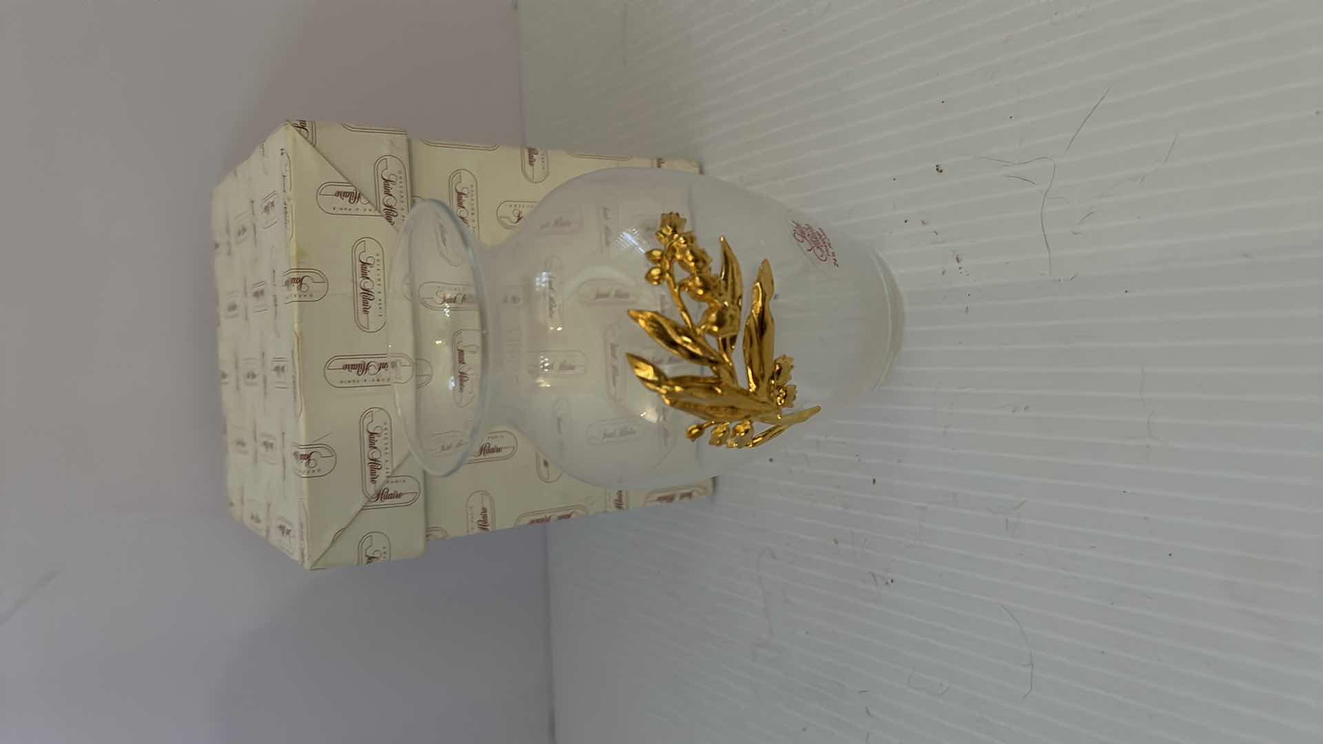 Photo 1 of SAINT HILAIRE SMALL CLEAR GLASS VASE W GOLD LEAVES  5”