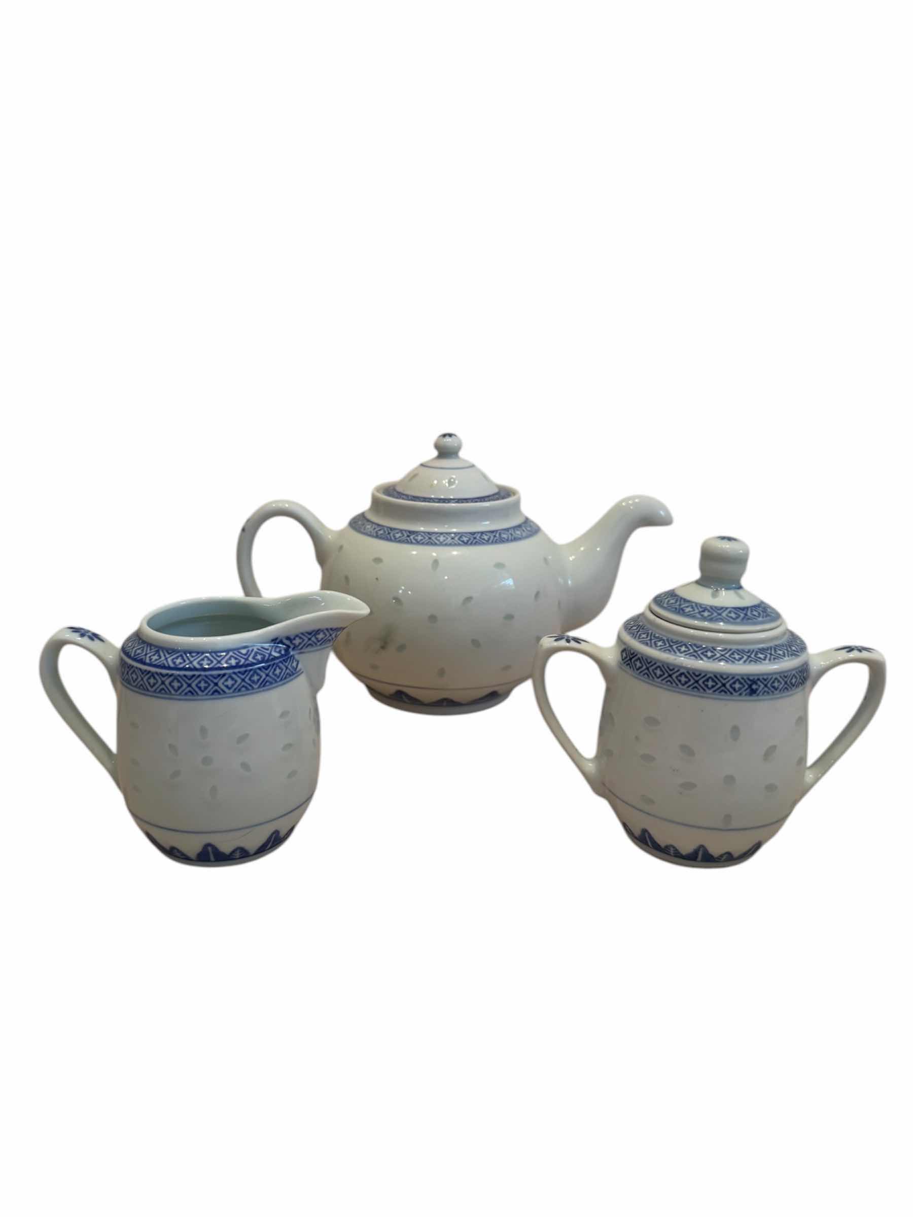Photo 1 of VINTAGE CHINA BLUE AND WHITE RICE EYE TEAPOT SUGAR AND CREAMER BOWLS, 

TEAPOT - H5.25”,

SUGAR BOWL - H4.75”,

CREAMER - H3.5”
