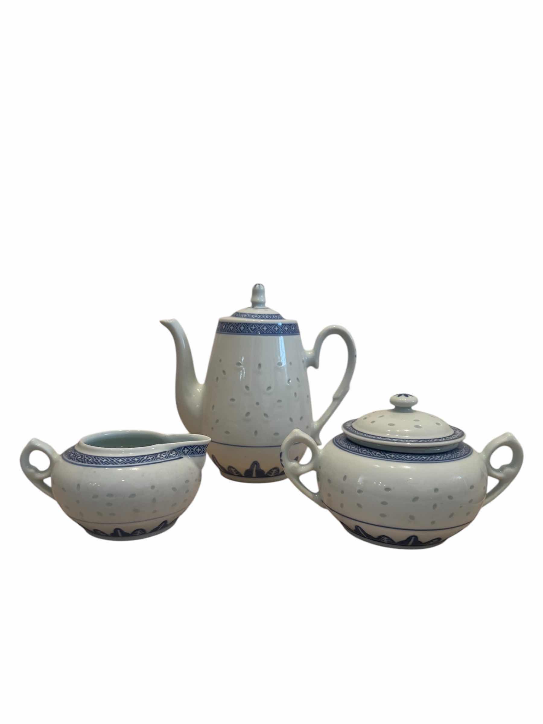 Photo 1 of VINTAGE CHINA BLUE AND WHITE RICE EYE TEAPOT SUGAR AND CREAMER BOWLS,

TEAPOT - H8”,

SUGAR BOWL - H4.5”,

CREAMER - H3”