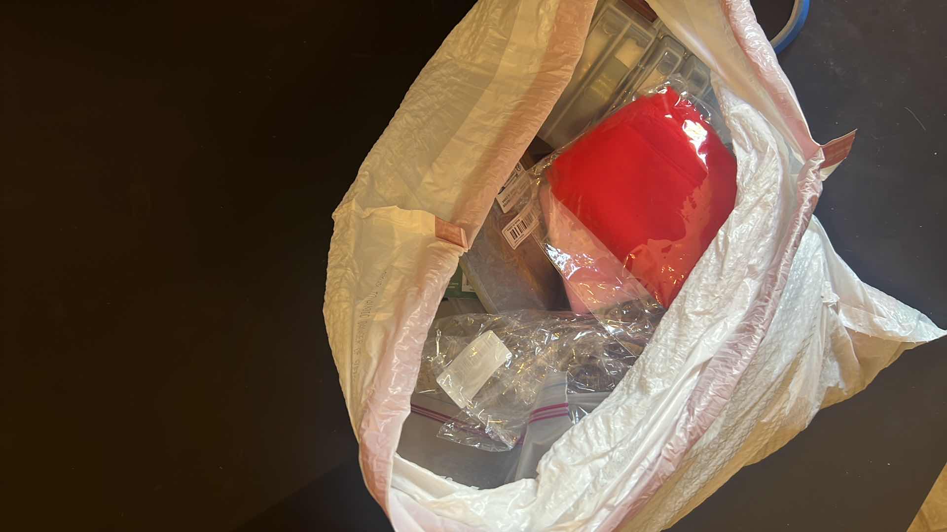 Photo 1 of CONTENTS OF BAG: YARNS, FABRICS, RIBBONS