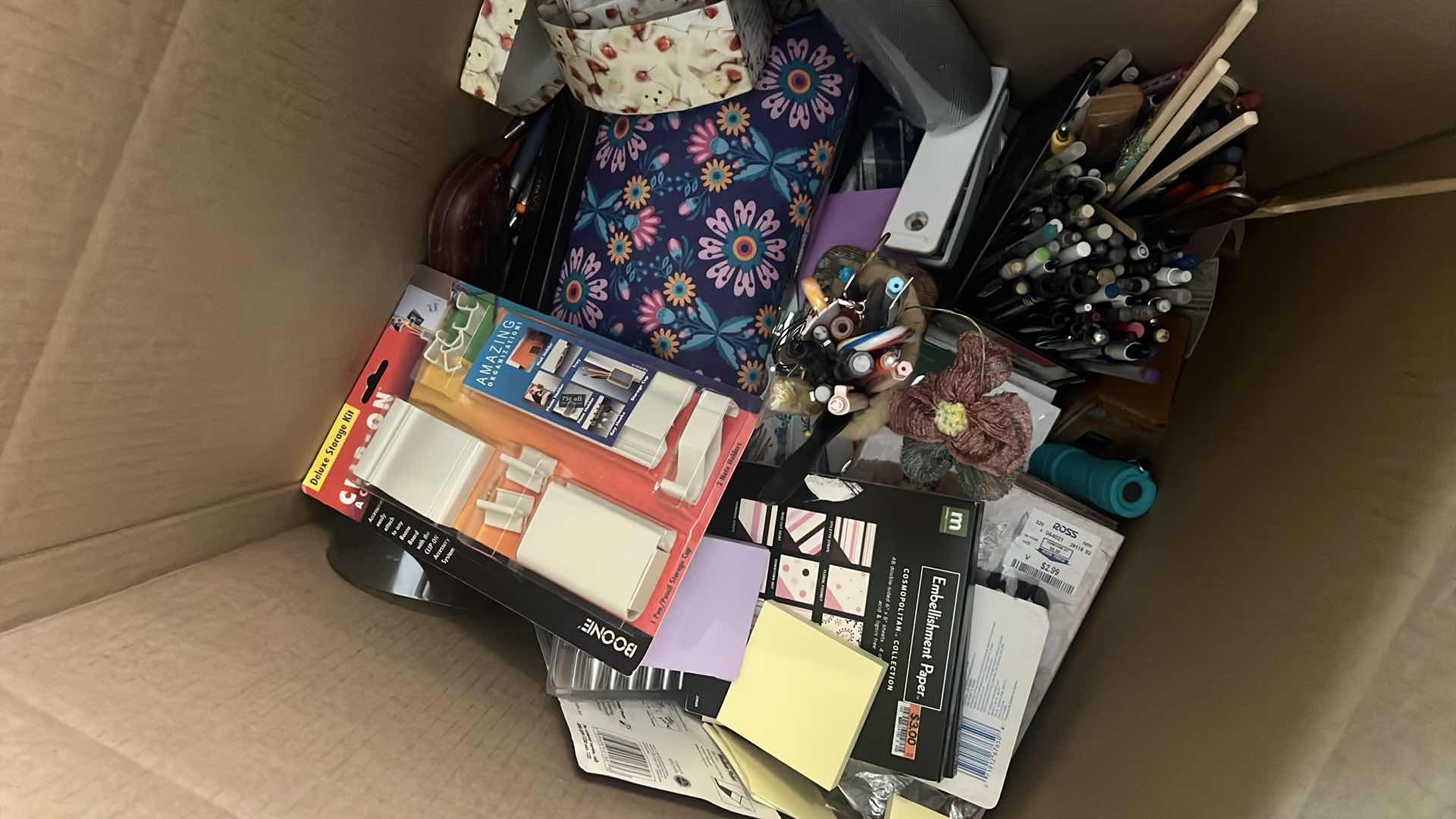 Photo 1 of BOX OF CONTENTS: OFFICE SUPPLIES, PENS, NOTEPADS