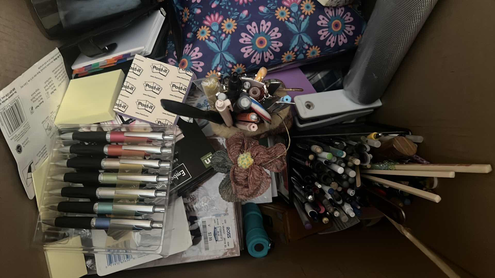 Photo 1 of BOX OF CONTENTS: OFFICE SUPPLIES, PENS, NOTEPADS
