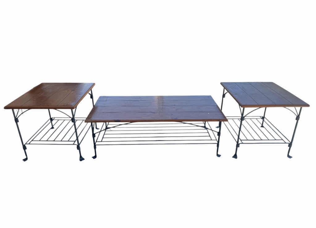 Photo 1 of 3- WOOD AND IRON COFFE TABLE AND SIDE TABLES, FURNITURE, HOME ESSENTIALS. 2- 28” X 24” X H23”
1- 51.5” X 26” X H17”