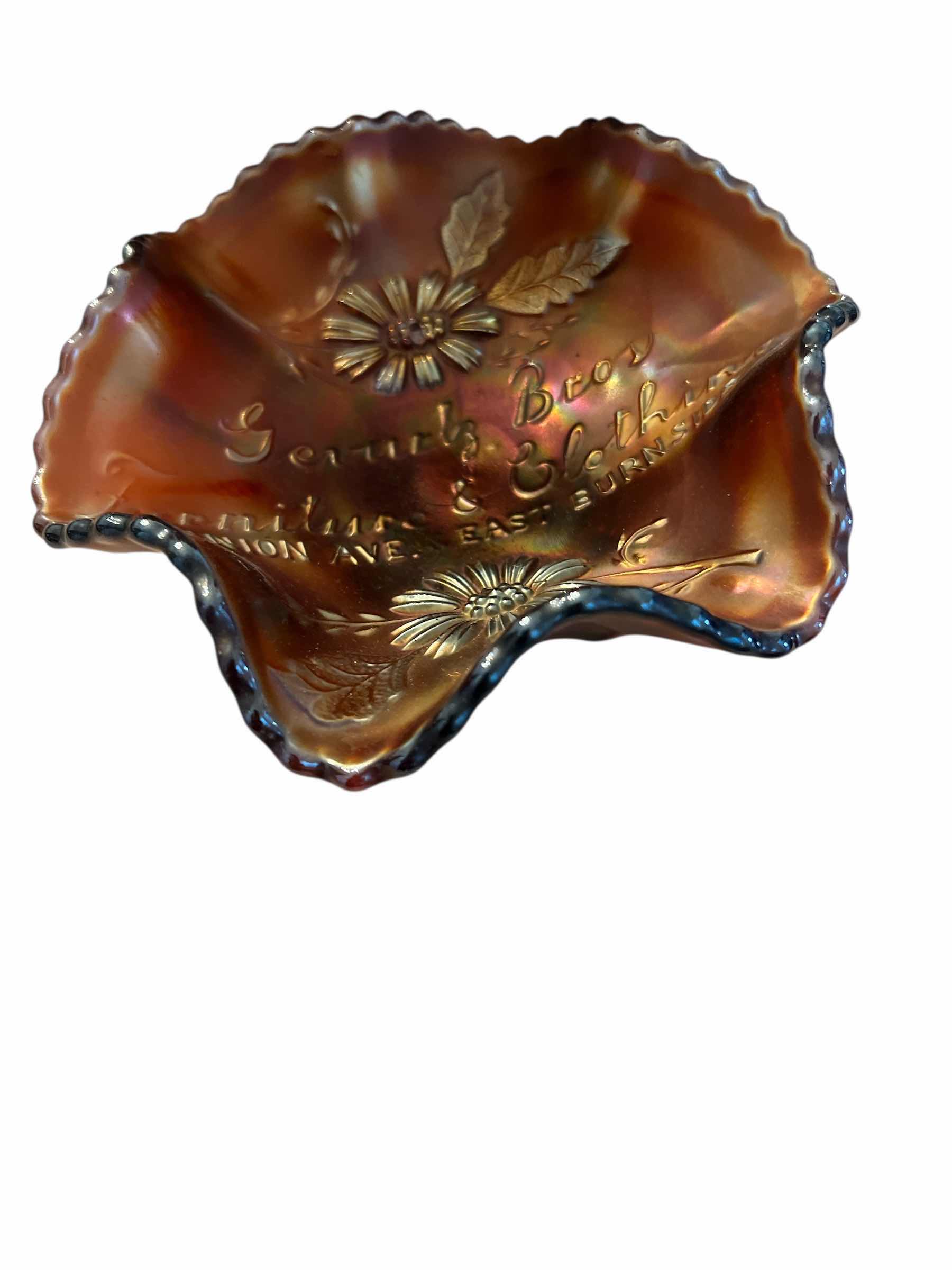 Photo 1 of 2 - PIECES OF CARNIVAL GLASS VINTAGE - 10” PURPLE GRAPE AND VINE FOOTED BOWL AND 6” AMBER DISH