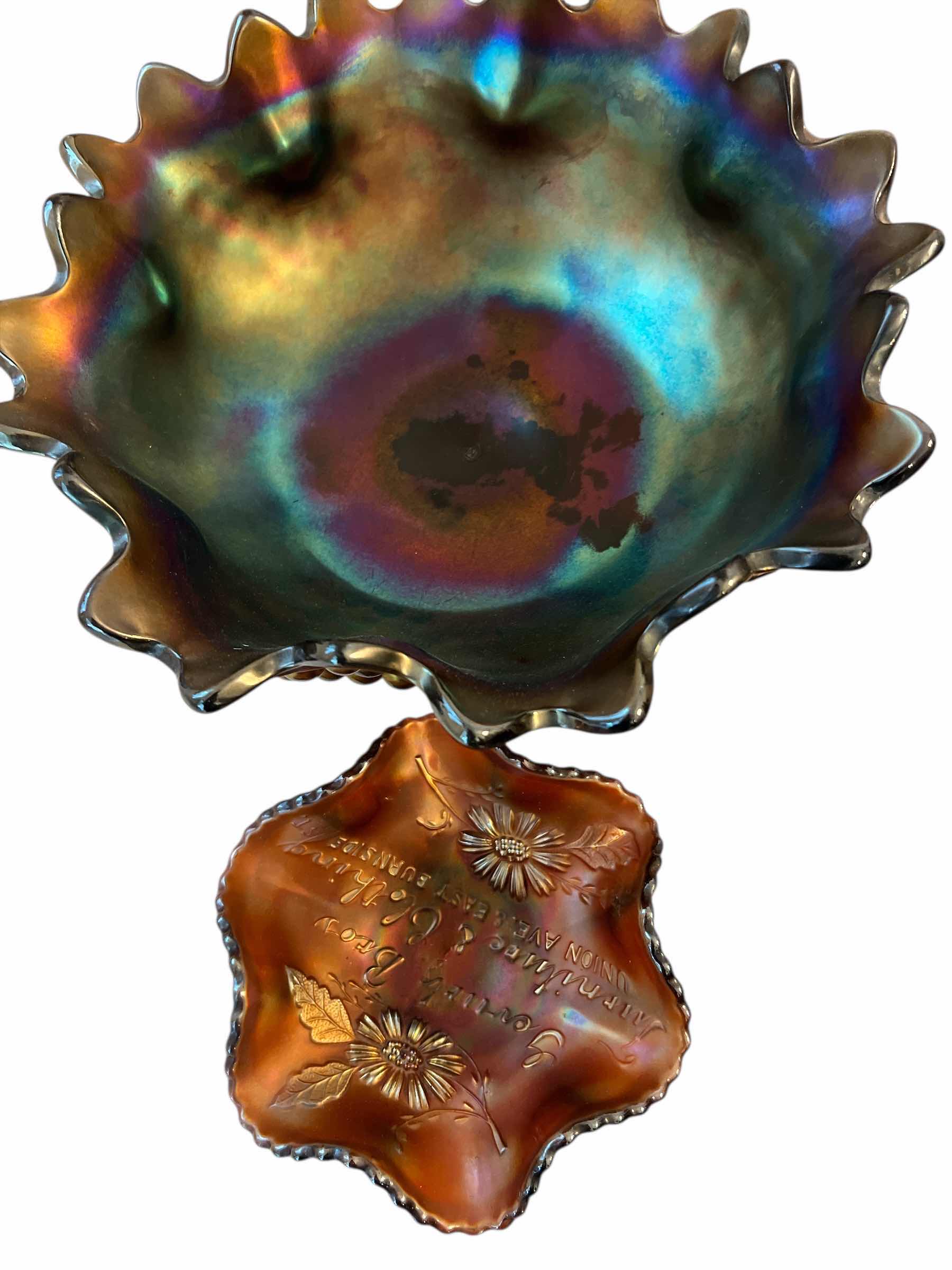 Photo 1 of 2 - PIECES OF CARNIVAL GLASS VINTAGE - 10” PURPLE GRAPE AND VINE FOOTED BOWL AND 6” AMBER DISH