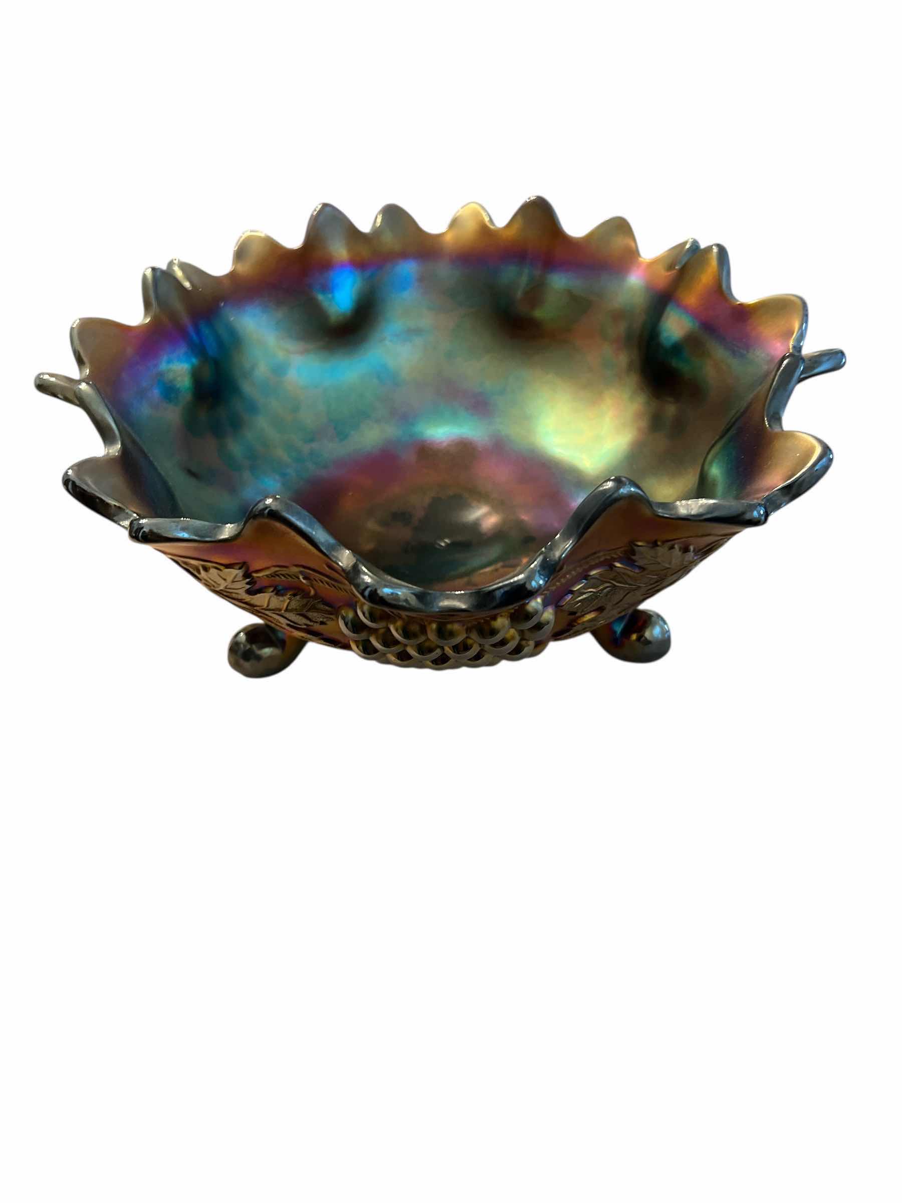 Photo 1 of 2 - PIECES OF CARNIVAL GLASS VINTAGE - 10” PURPLE GRAPE AND VINE FOOTED BOWL AND 6” AMBER DISH