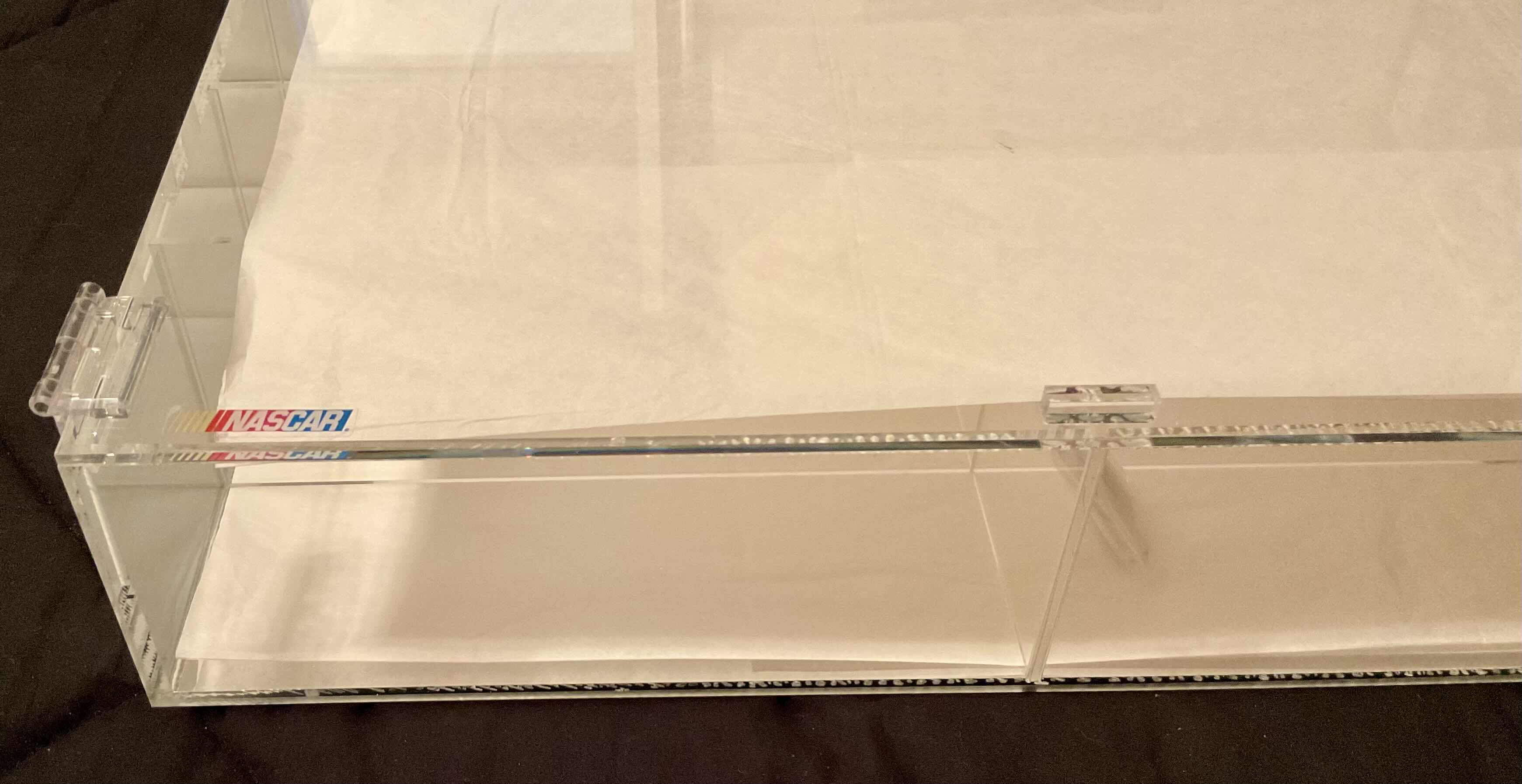 Photo 1 of 18.75”X17” 4”H UNUSED NASCAR DISPLAY CASE, NASCAR 2 ZIPPER LUNCH BOX, NASCAR POSTERS & MEMORABILIA