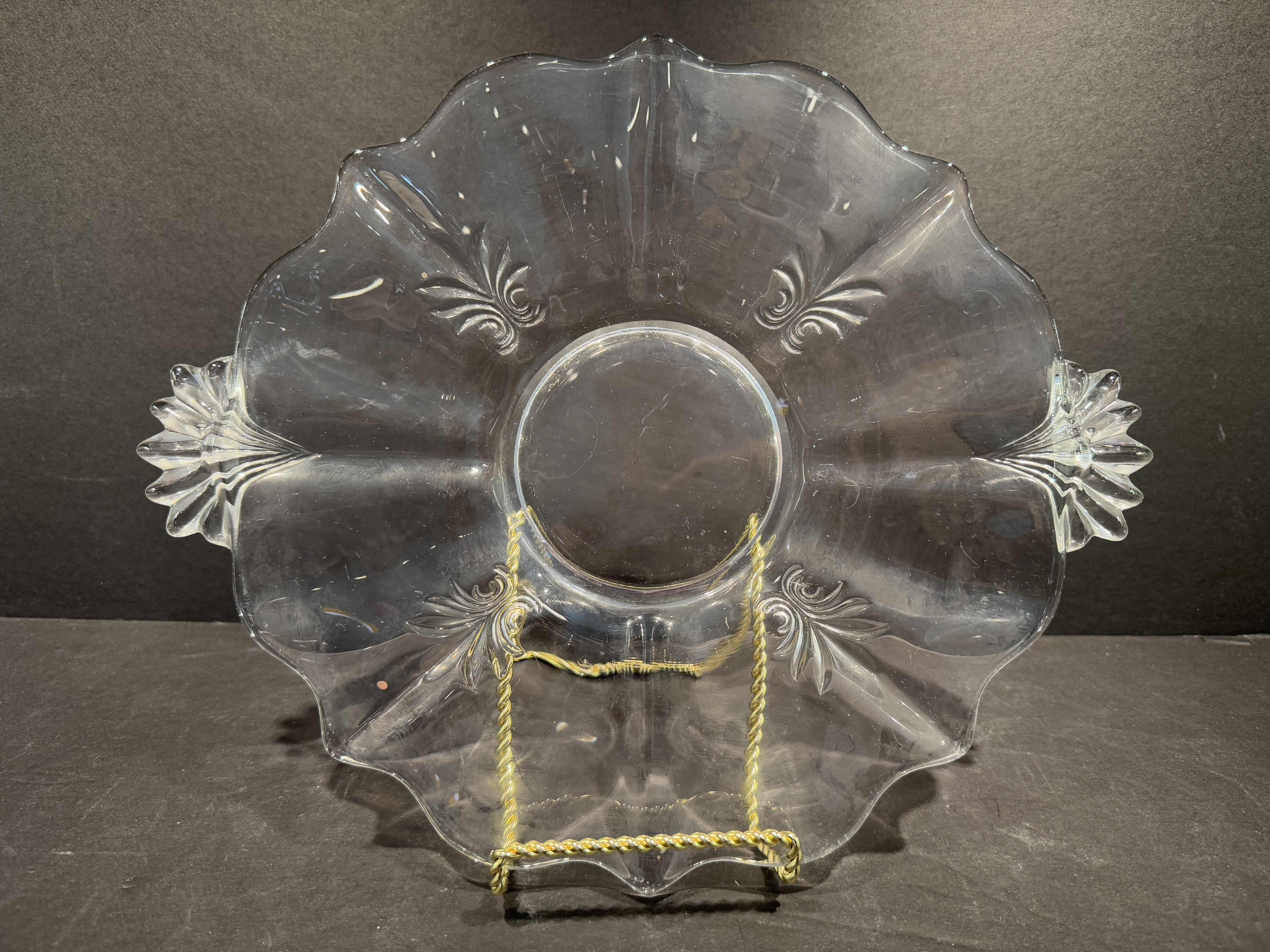 Photo 1 of 3 PIECES- 1) VINTAGE FOSTORIA BAROQUE 13" CLEAR GLASS PLATTER/ SANDWISH PLATE WITH HANDLES AND FLEUR DE LIS , 1) BARTLETT COLLINS MANHATTAN GLASS BOWL, GOLD TRIMMED THUMBPRINT 1) HEAVY 12” CRYSTAL PLATTER