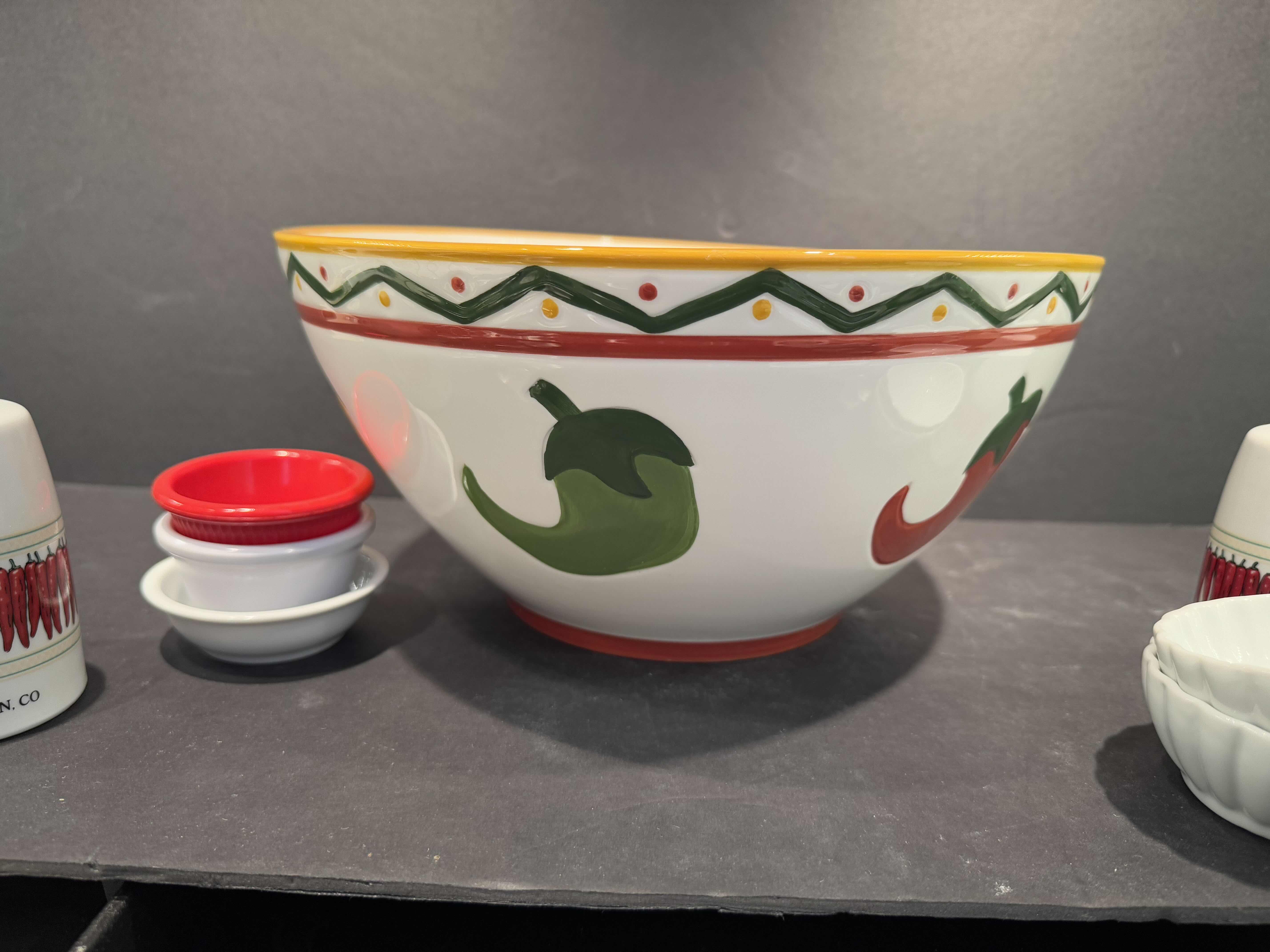 Photo 1 of 12” CHILI PEPPER SERVING BOWL, SALT AND PEPPER & OTHER CONTENTS OF SHELF