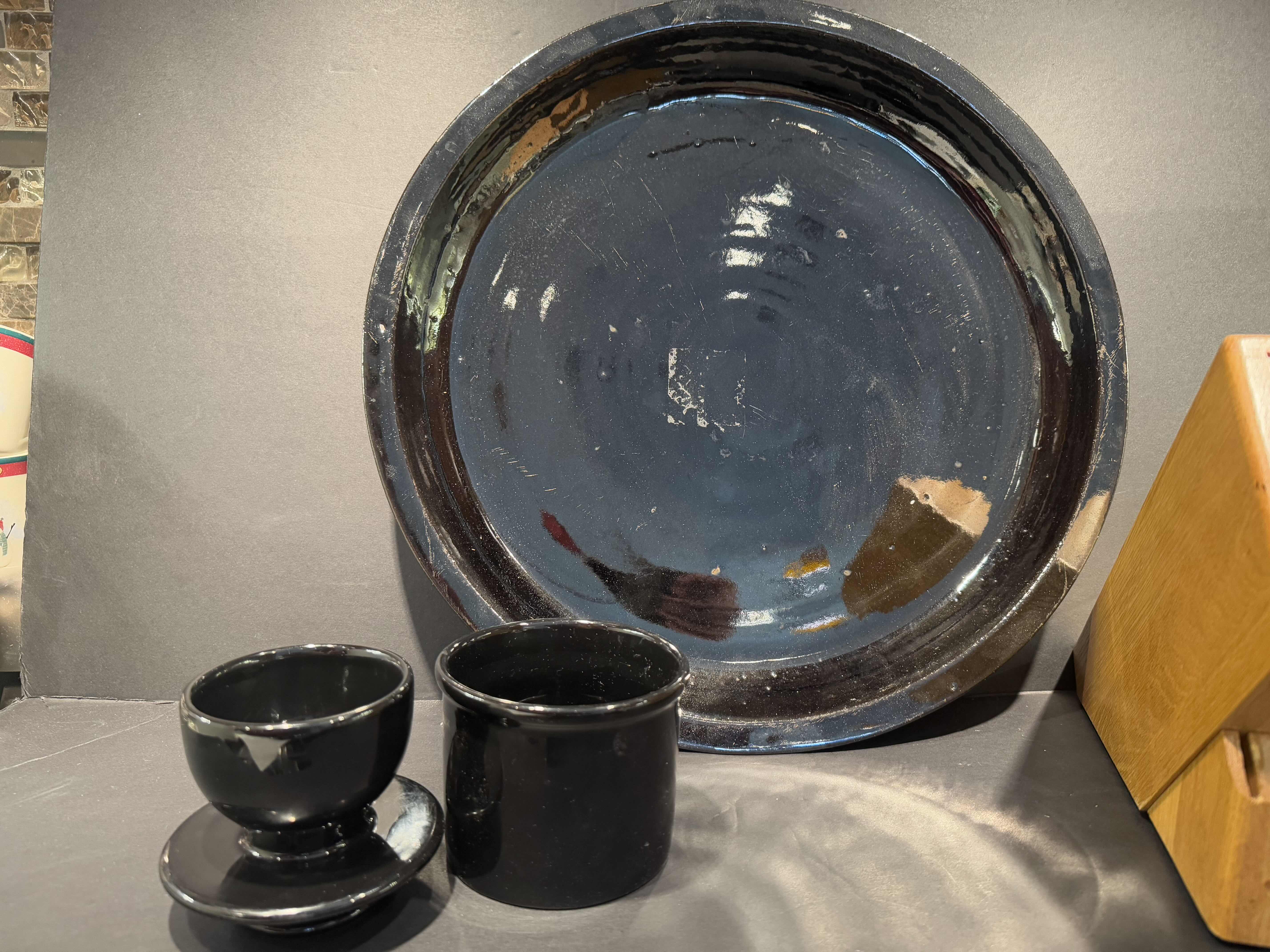Photo 1 of 3 HOME ITEMS- TERRACOTTA GLAZED PLATTER, BLACK BUTTER CROCK, CUTCO KNIFE BLOCK