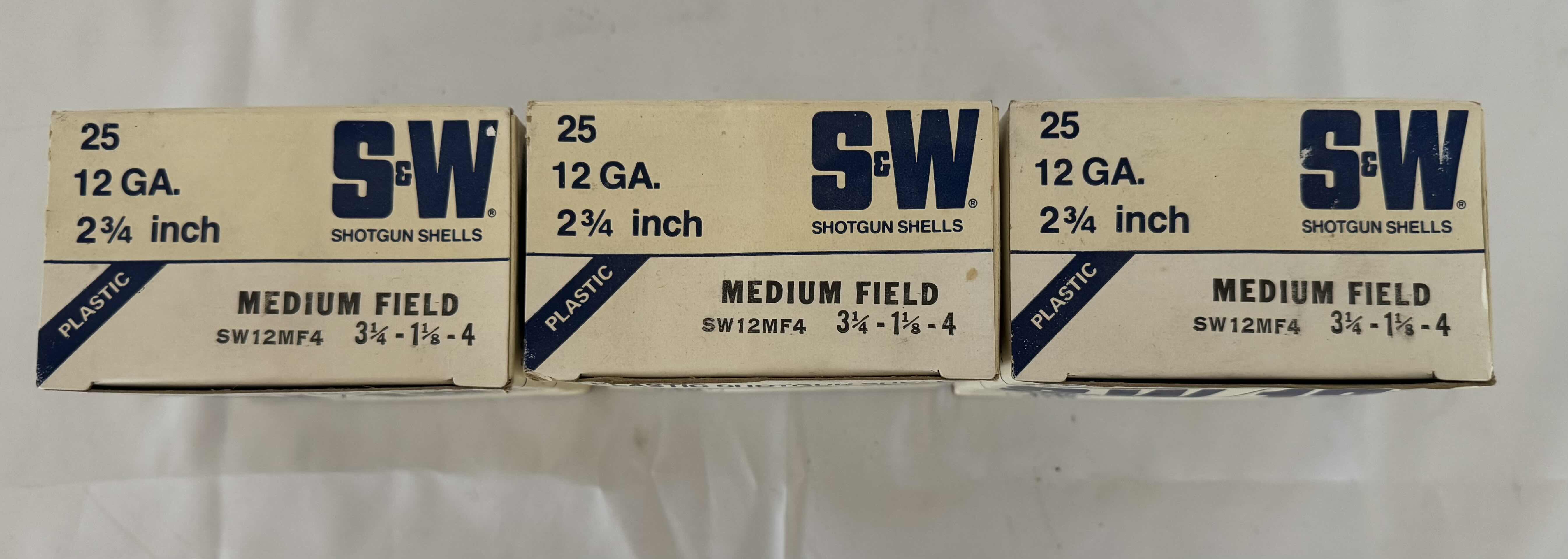 Photo 1 of 3 BOXES OF SMITH AND WESSON 12 GAUGE 25 PLASTIC SHOTGUN SHELLS.