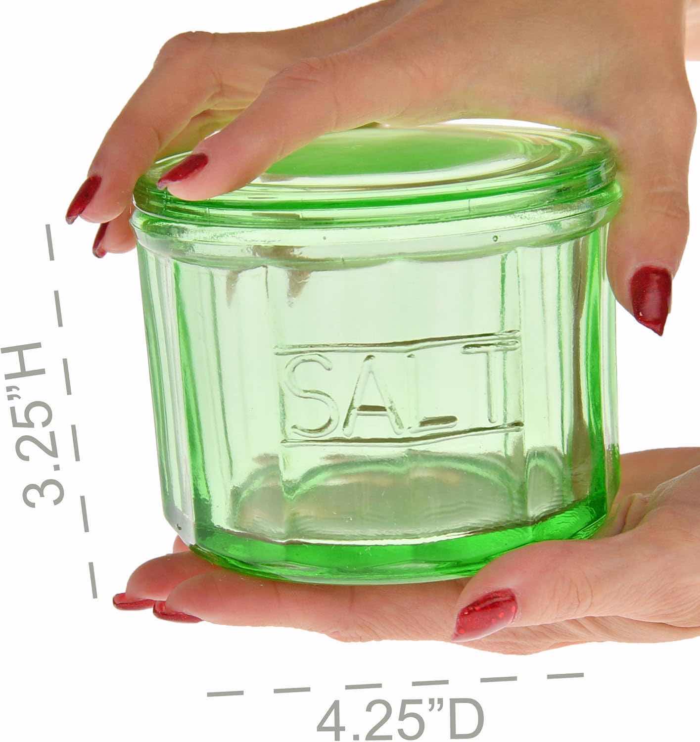 Photo 1 of BRAND NEW CASE OF HOME-X DEPRESSION STYLE GREEN GLASS SALT CELLAR WITH LID, 3"x 4"