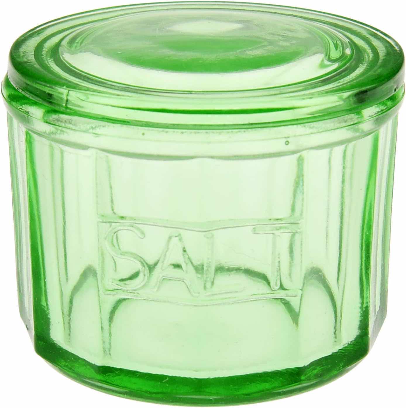 Photo 1 of BRAND NEW CASE OF HOME-X DEPRESSION STYLE GREEN GLASS SALT CELLAR WITH LID, 3" x 4"