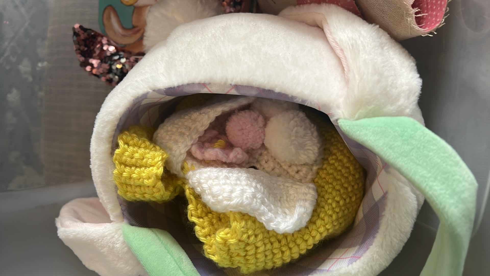 Photo 1 of CONTENTS OF BOX. EASTER HOLIDAY DECORATIONS AND BASKETS. VALENTINES GROGU PLUSHIE, AND ASSORTED ACCESSORIES.