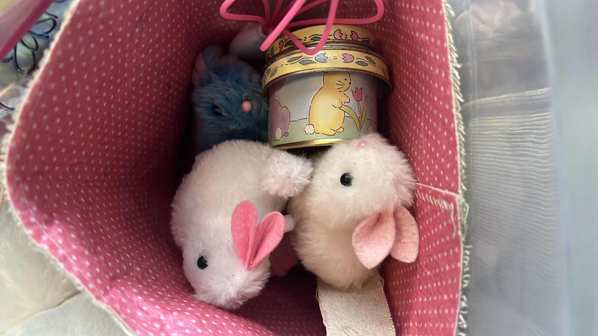 Photo 1 of CONTENTS OF BOX. EASTER HOLIDAY DECORATIONS AND BASKETS. VALENTINES GROGU PLUSHIE, AND ASSORTED ACCESSORIES.
