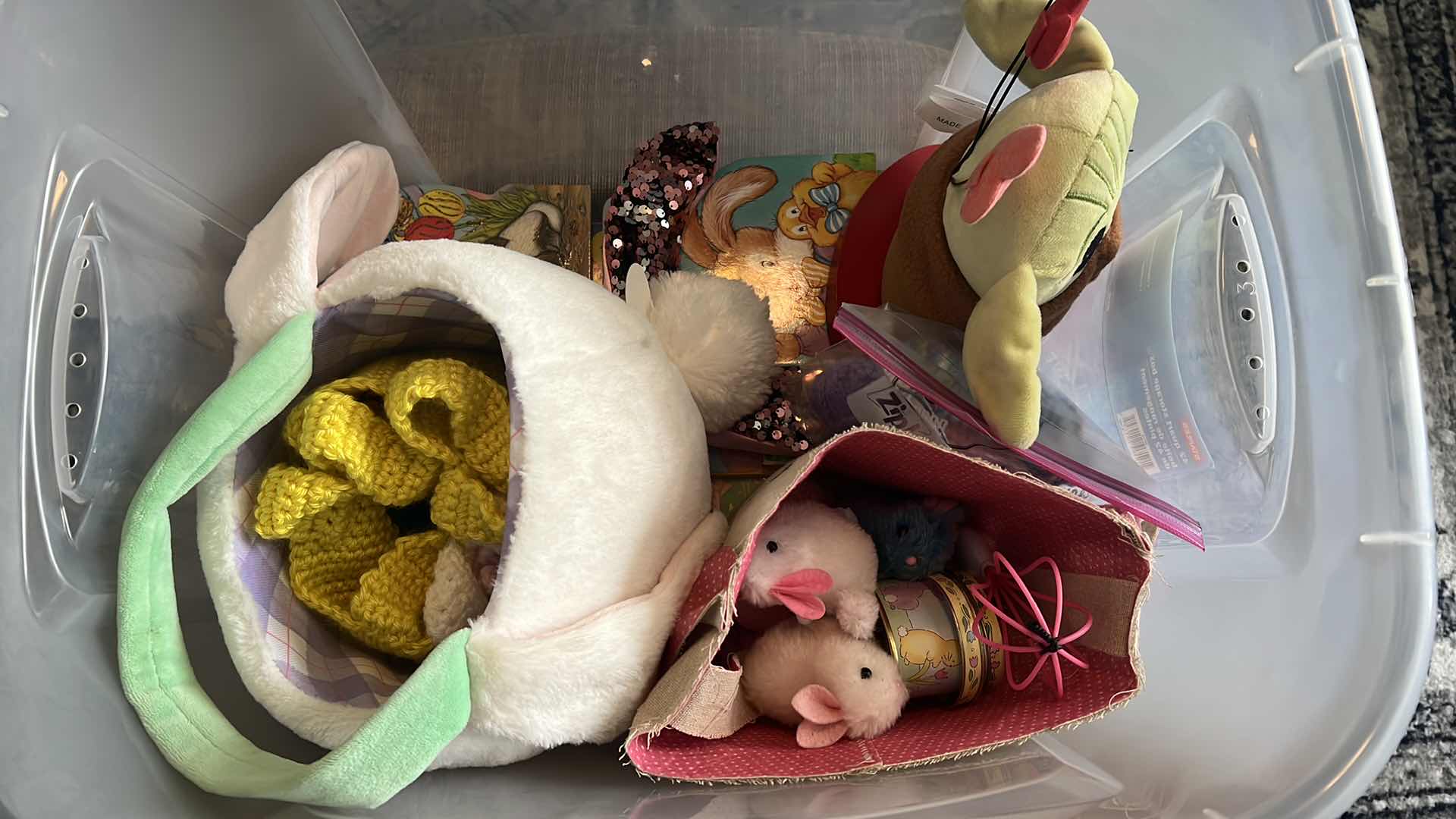 Photo 1 of CONTENTS OF BOX. EASTER HOLIDAY DECORATIONS AND BASKETS. VALENTINES GROGU PLUSHIE, AND ASSORTED ACCESSORIES.