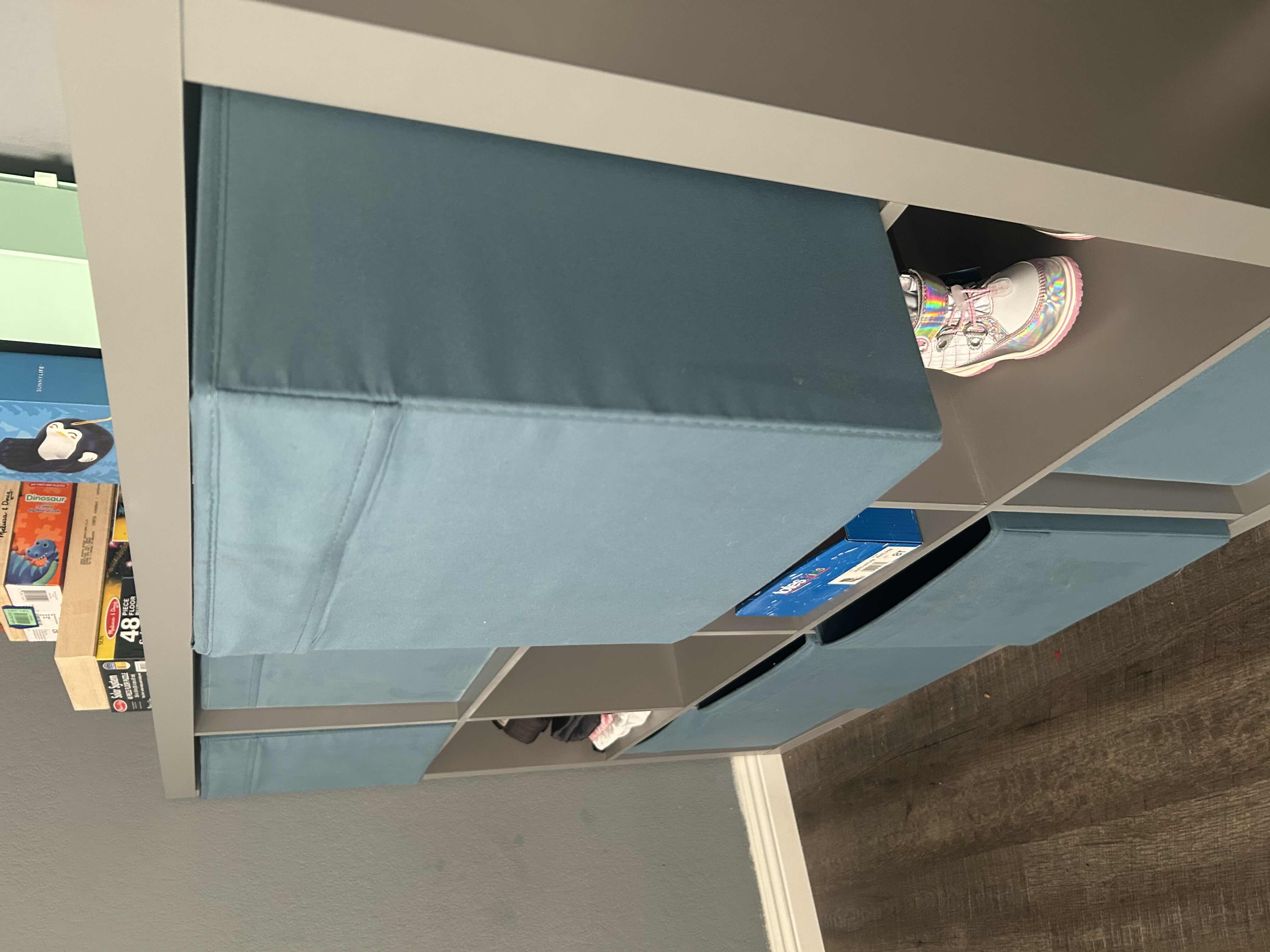 Photo 1 of GRAY IKEA CUBBY WITH BLUE STORAGE BINS 58” X 15” (BINS AND SHELD ONLY)