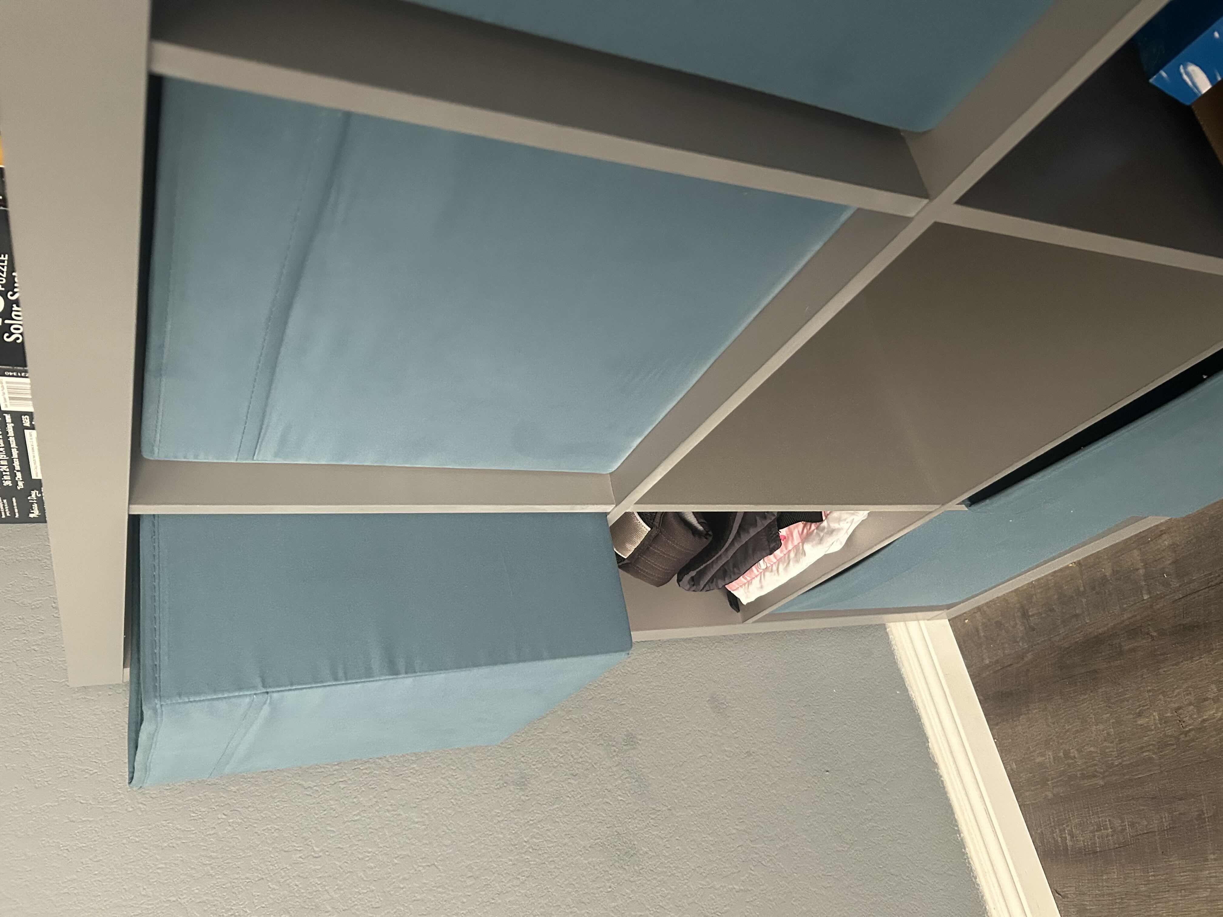 Photo 1 of GRAY IKEA CUBBY WITH BLUE STORAGE BINS 58” X 15” (BINS AND SHELD ONLY)