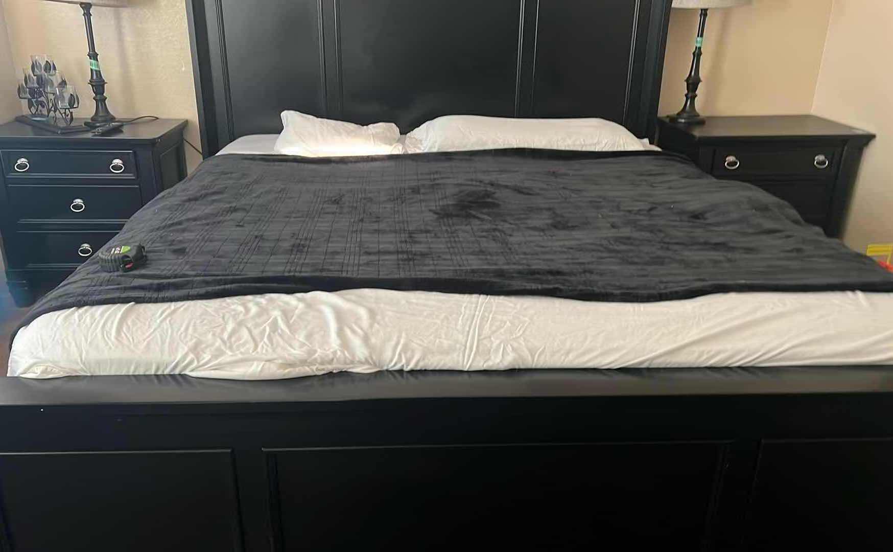 Photo 2 of BED FRAME-BLACK WOOD-KING BED FRAME. PART OF BED ROOM SET SOLD SEPARATELY.MATTRESS NOT INCLUDED.  7’ x 7’ x 5’ H