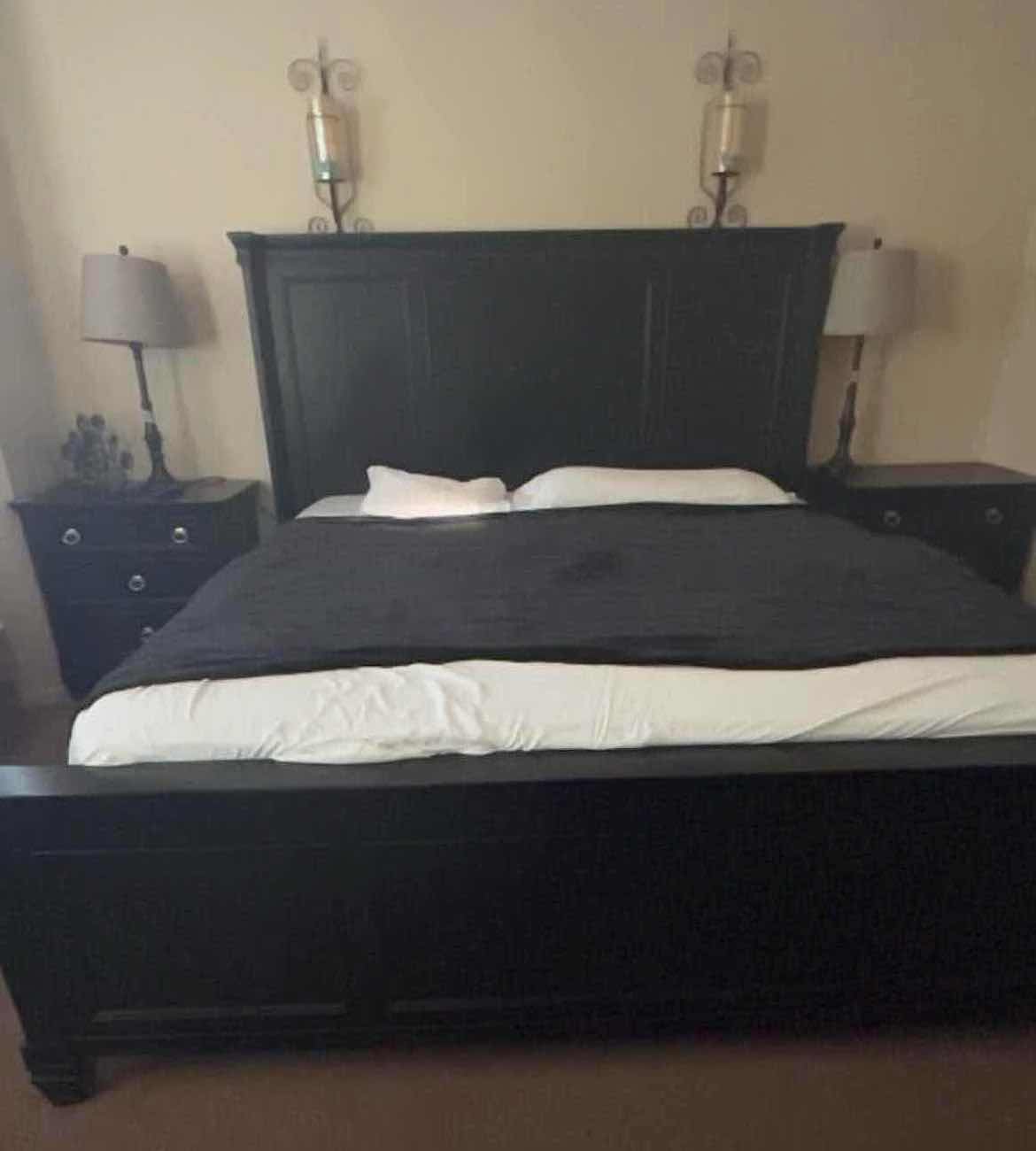 Photo 1 of BED FRAME-BLACK WOOD-KING BED FRAME. PART OF BED ROOM SET SOLD SEPARATELY.MATTRESS NOT INCLUDED.  7’ x 7’ x 5’ H