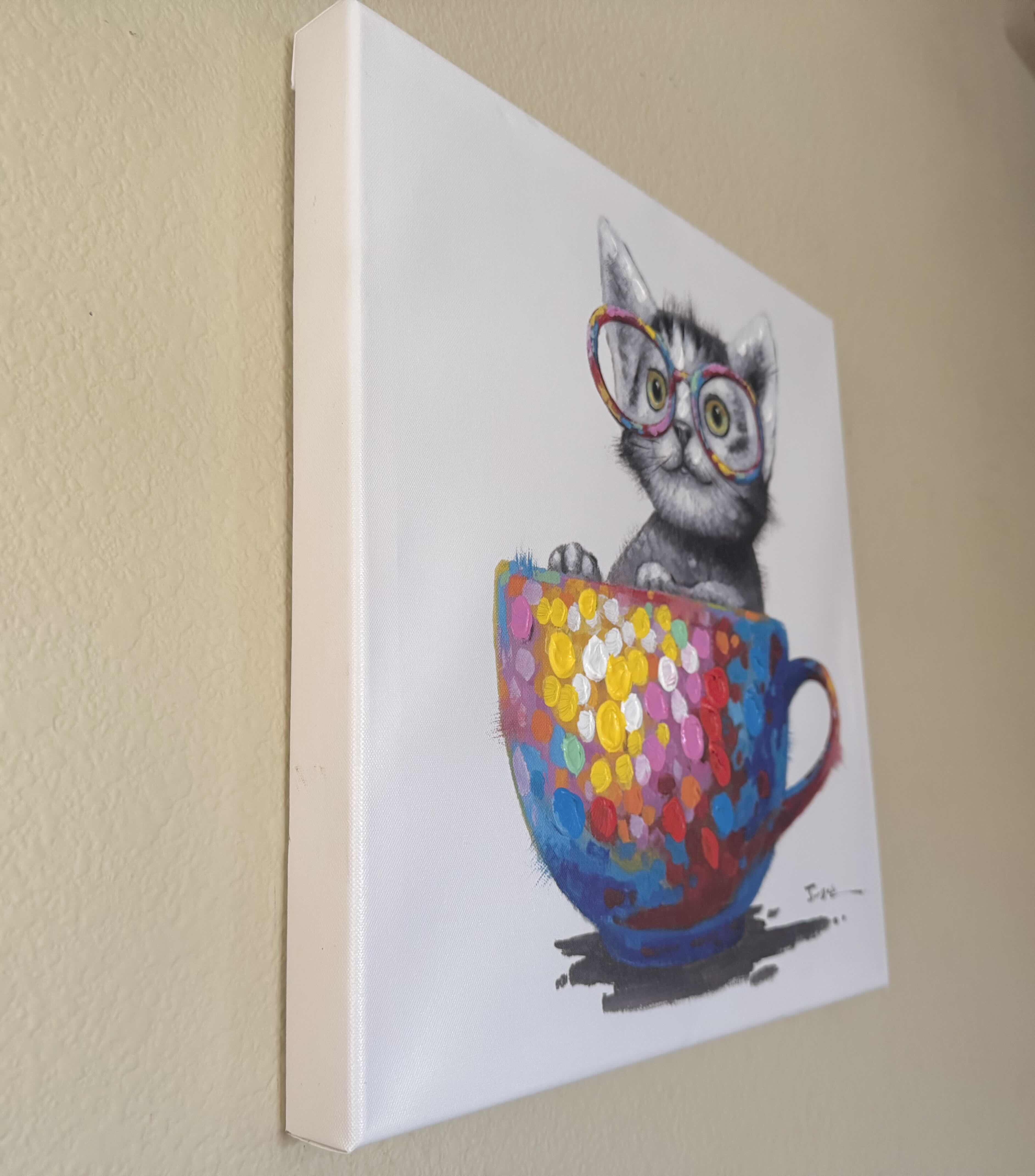 Photo 3 of CAT IN A CUP WITH GLASSES PAINTING ON CANVAS WALL ART READY TO HANG ARTWORK 

16”H X 16”L
