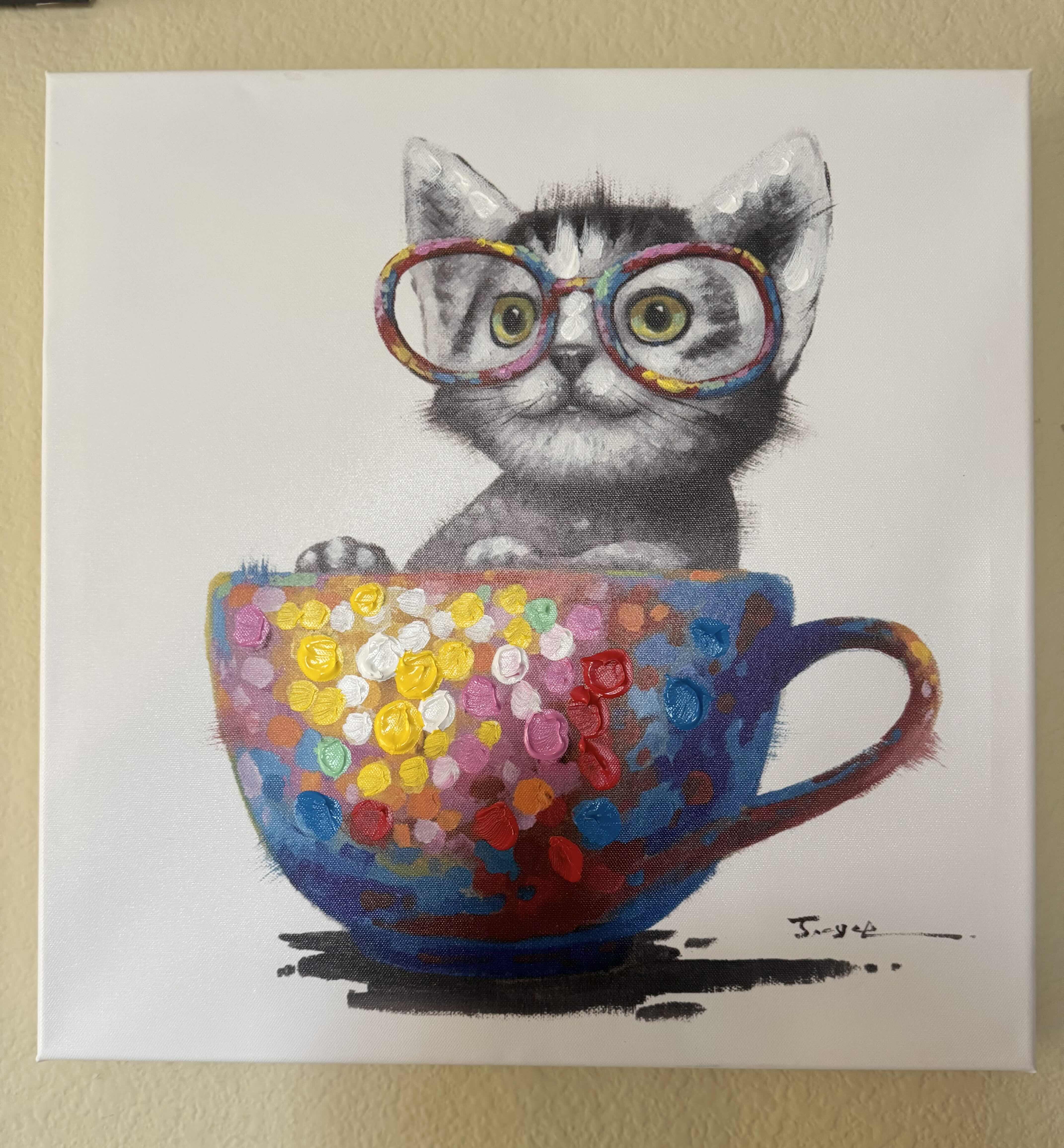 Photo 1 of CAT IN A CUP WITH GLASSES PAINTING ON CANVAS WALL ART READY TO HANG ARTWORK 

16”H X 16”L