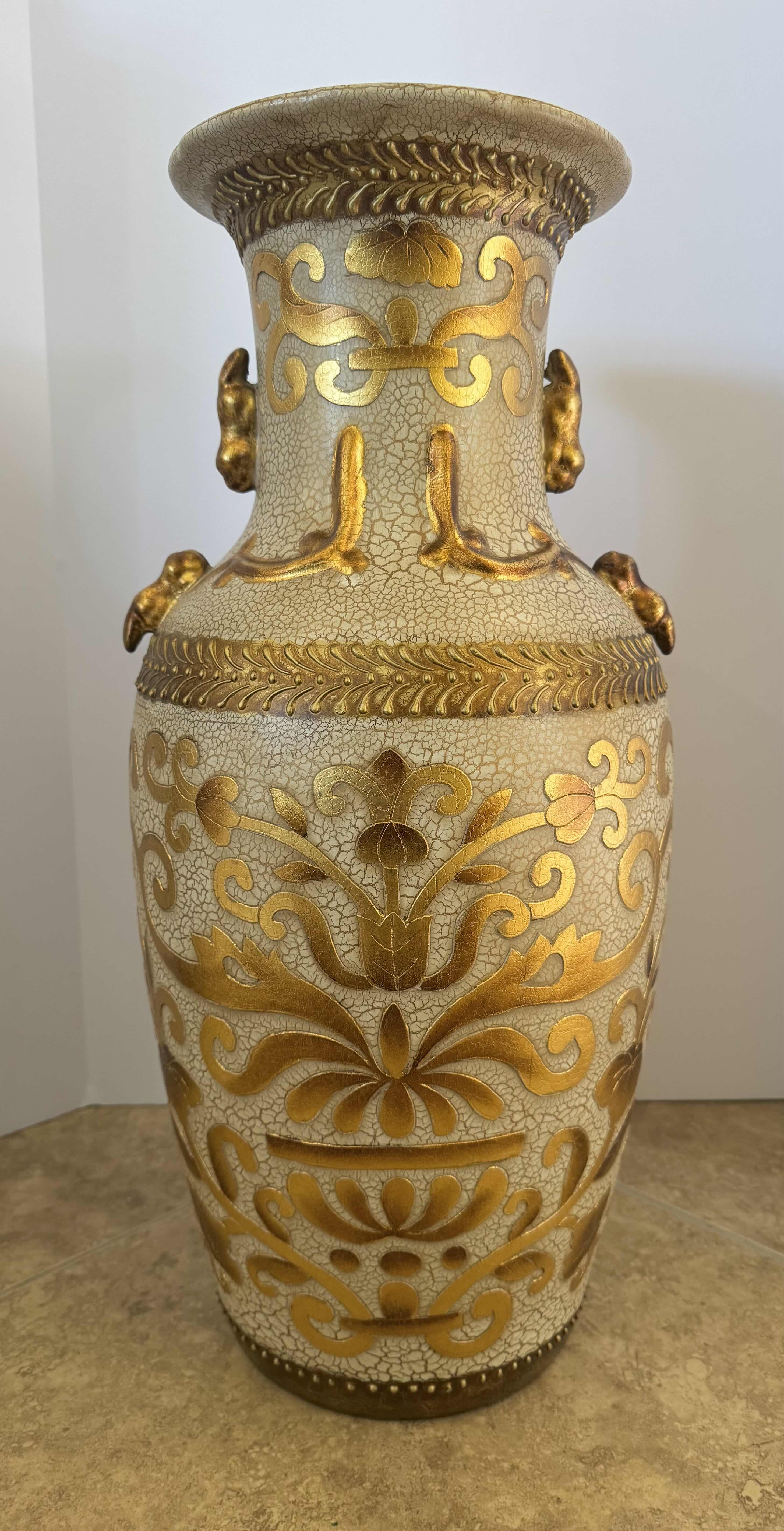Photo 1 of HOME DECOR- VINTAGE STYLE PORCELAIN VASE, GOLD DETAILS 24"H