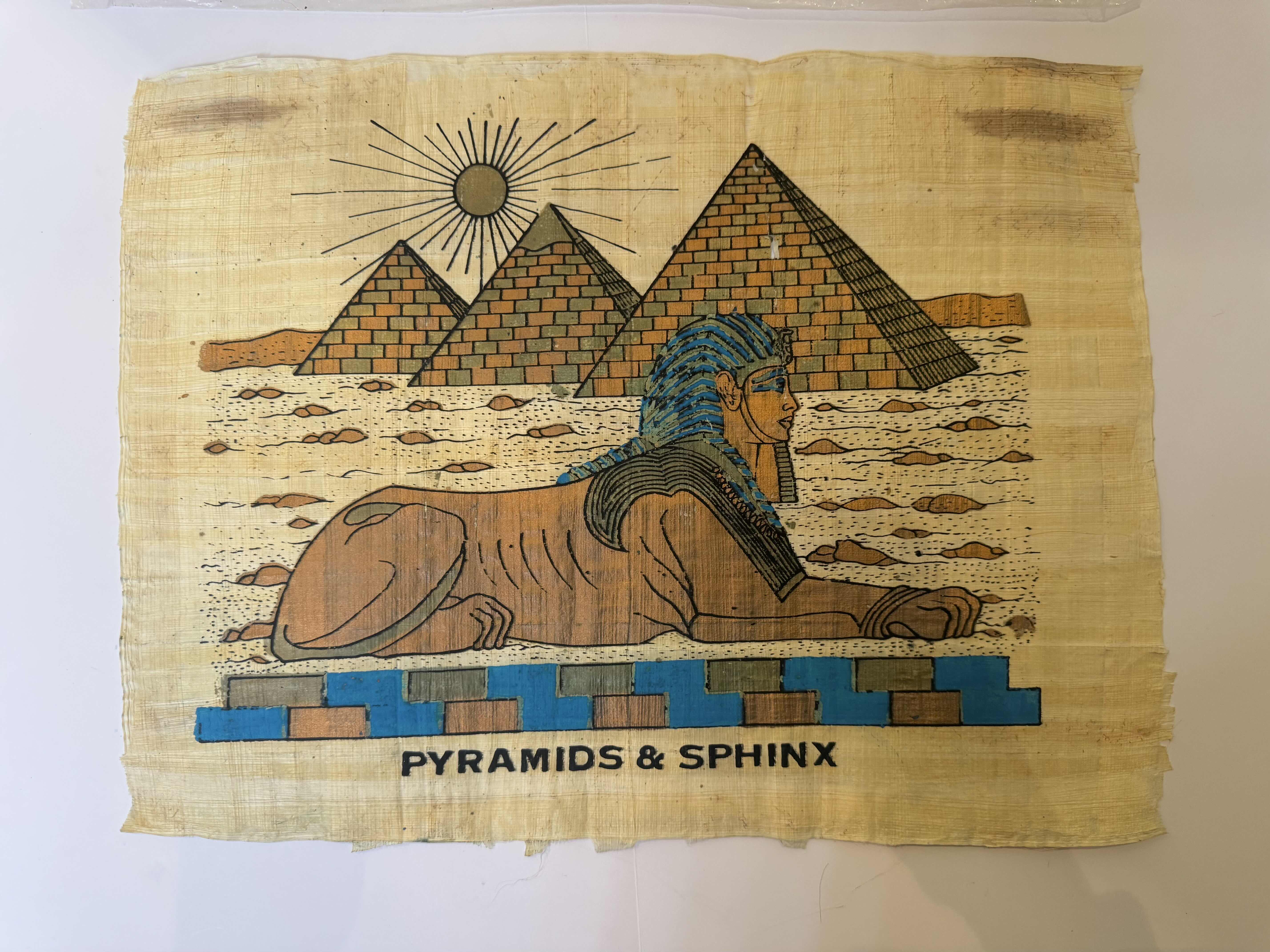 Photo 1 of EGYPTIAN PAPYRUS PAINTING DEPICTING PYRAMIDS AND THE SPHINX, THE TUTANKHAMEN PAPYRUS, ARTWORK 13”H X 17”H