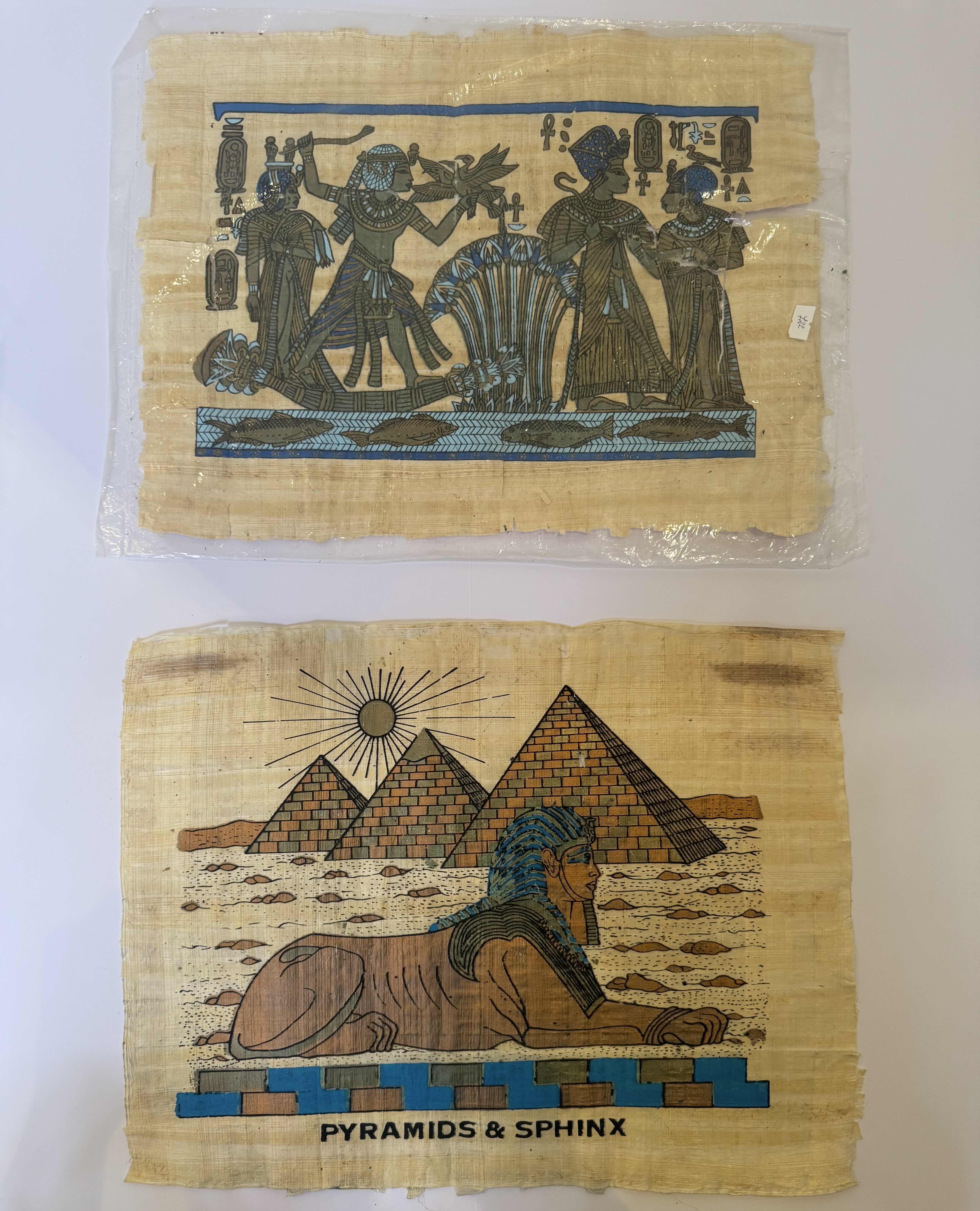 Photo 1 of EGYPTIAN PAPYRUS PAINTING DEPICTING PYRAMIDS AND THE SPHINX, THE TUTANKHAMEN PAPYRUS, ARTWORK 13”H X 17”H