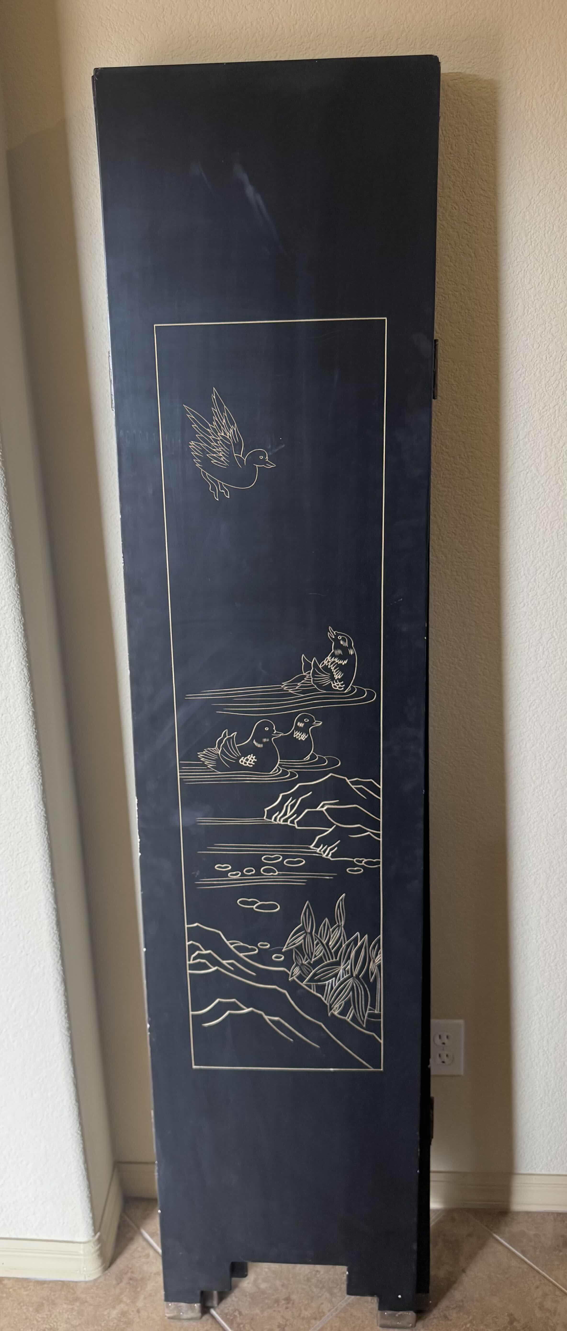 Photo 4 of 1984 OKINAWA WOODEN FOLDING SCREEN 4 PANELS, MISSING HINGE SCREW PICTURED FOR REFERENCE, 6" X 6"H